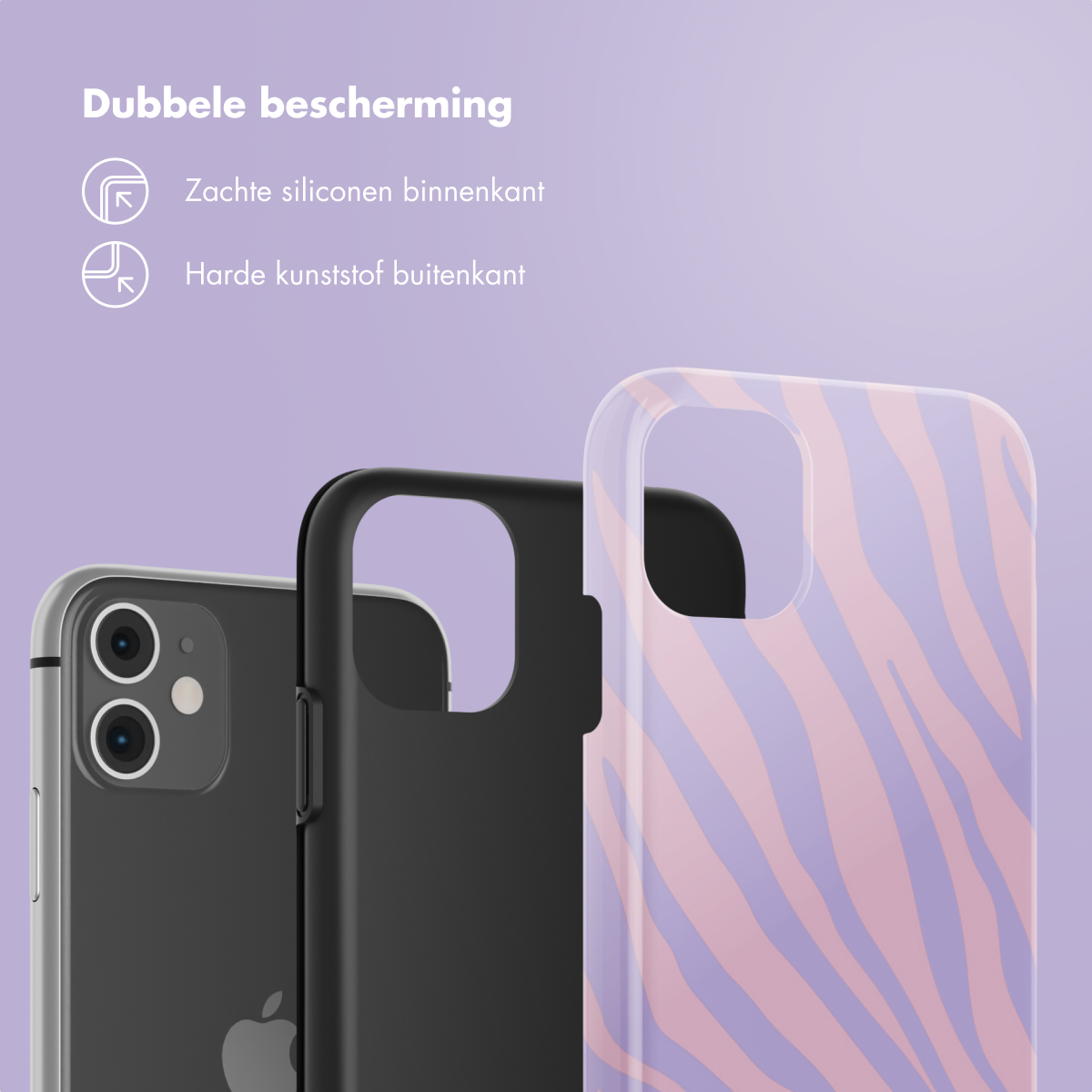 Custodie per telefono con doppia protezione. Le custodie mostrano un telefono in tre design. Sfondo viola.