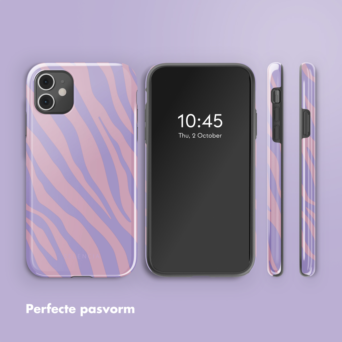 Custodia per telefono con motivo zebrato. Lo schermo del telefono mostra l'ora. Sfondo bianco.