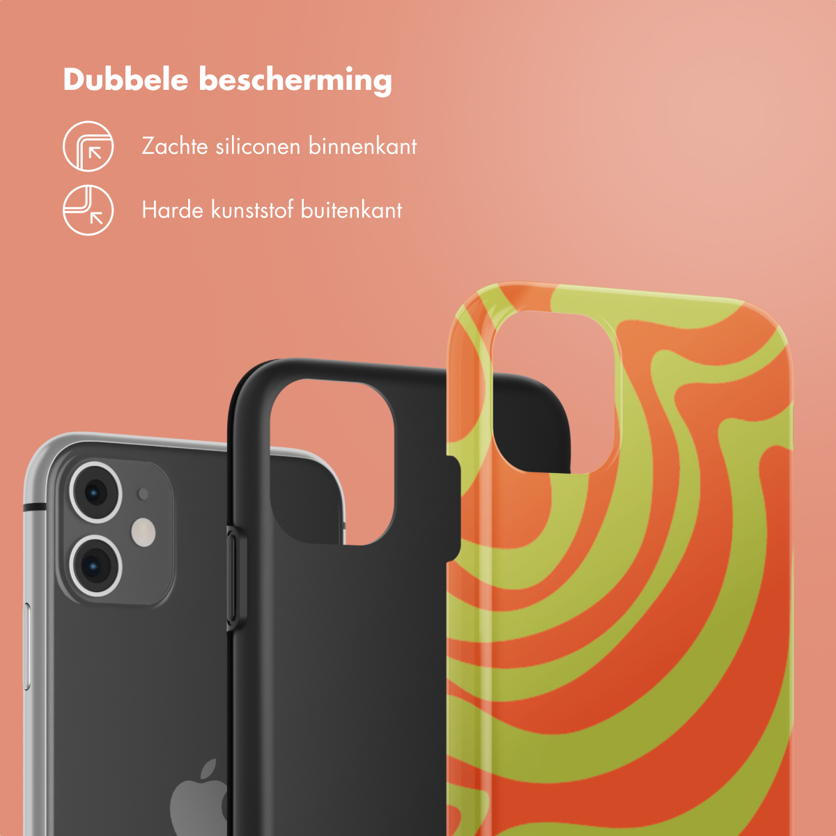 Custodie per telefoni, una nera, una con un design a spirale arancione e verde. Telefono in custodia argentata visibile.