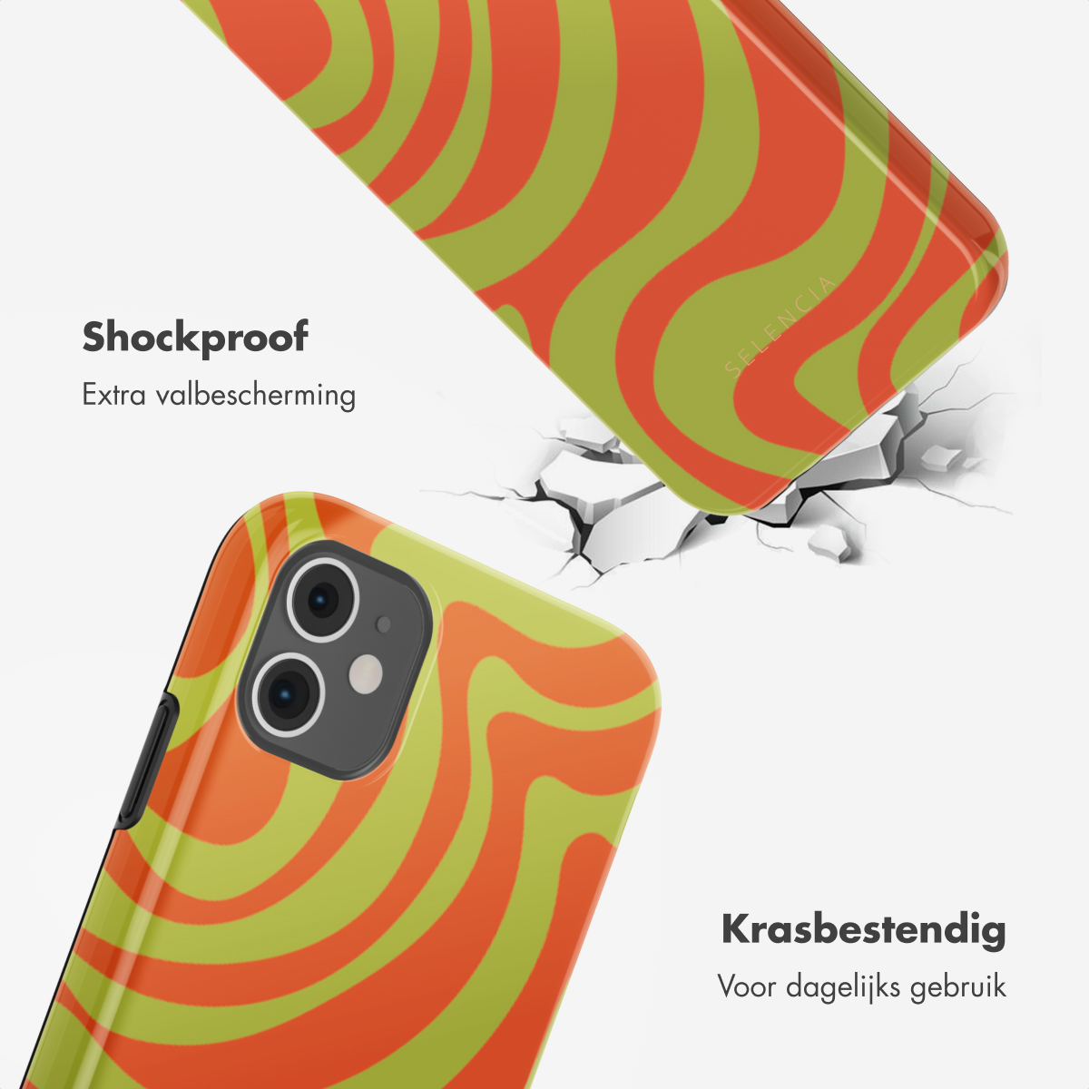 Custodia per telefono con vortici arancioni e verdi. Antishock. La custodia si incrina all'impatto.