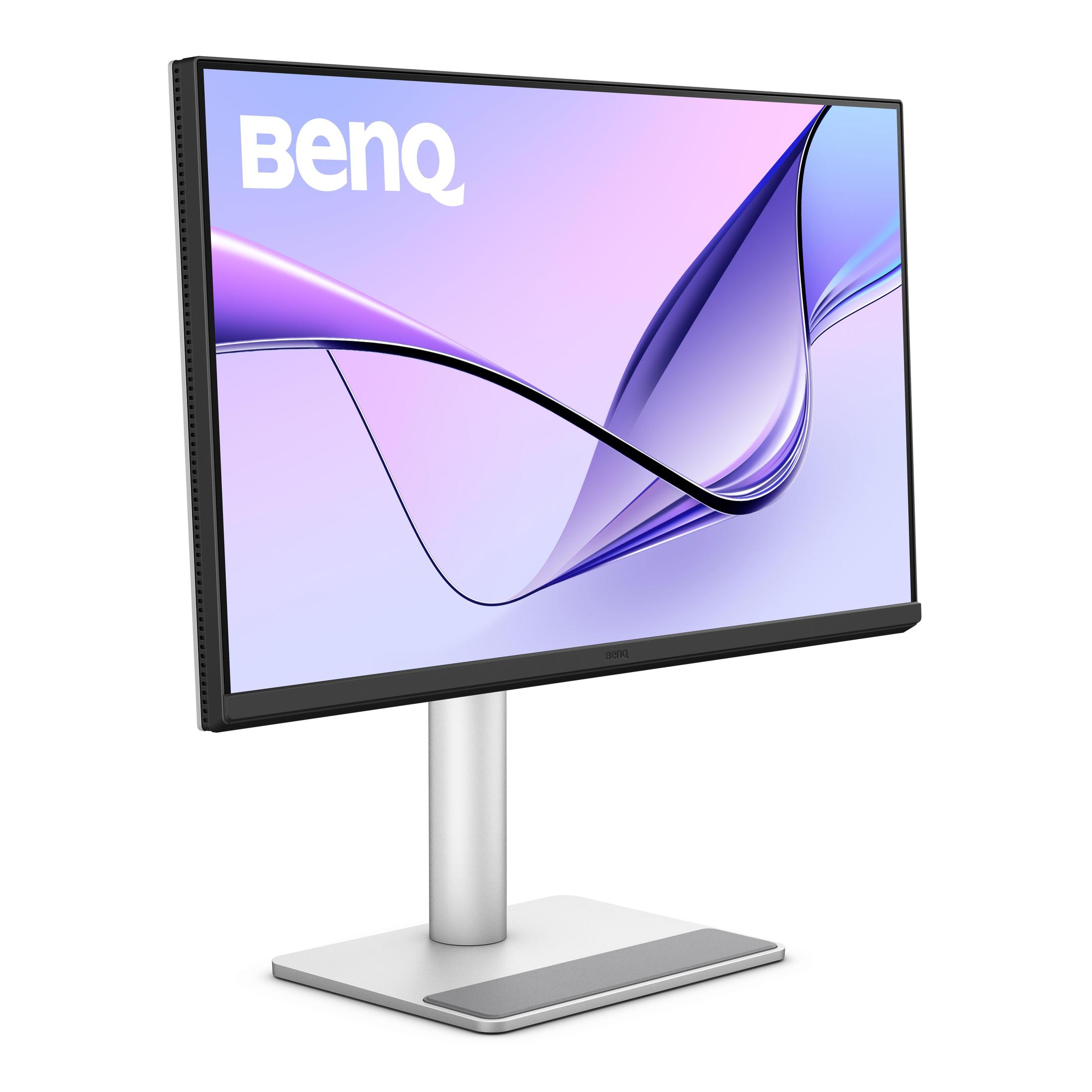 Monitor BenQ na srebrnym stojaku, z zakrzywionym obrazem na ekranie.