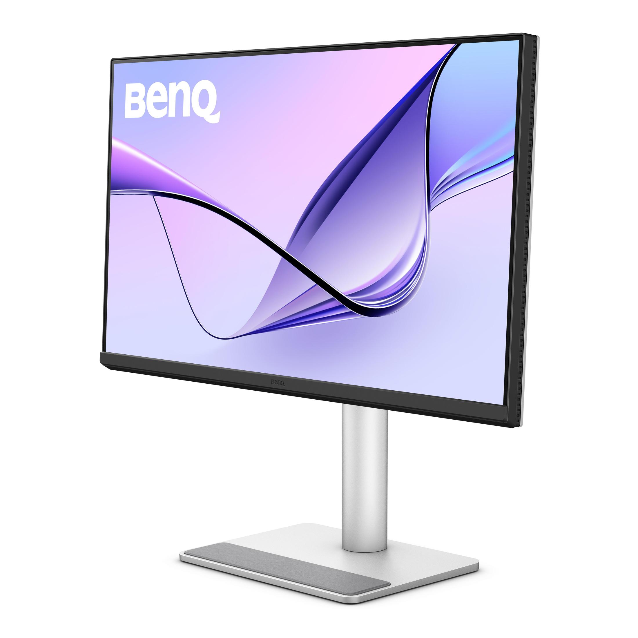 Monitor BenQ ze srebrną podstawą, wyświetlający kolorowy abstrakcyjny wzór na ekranie.