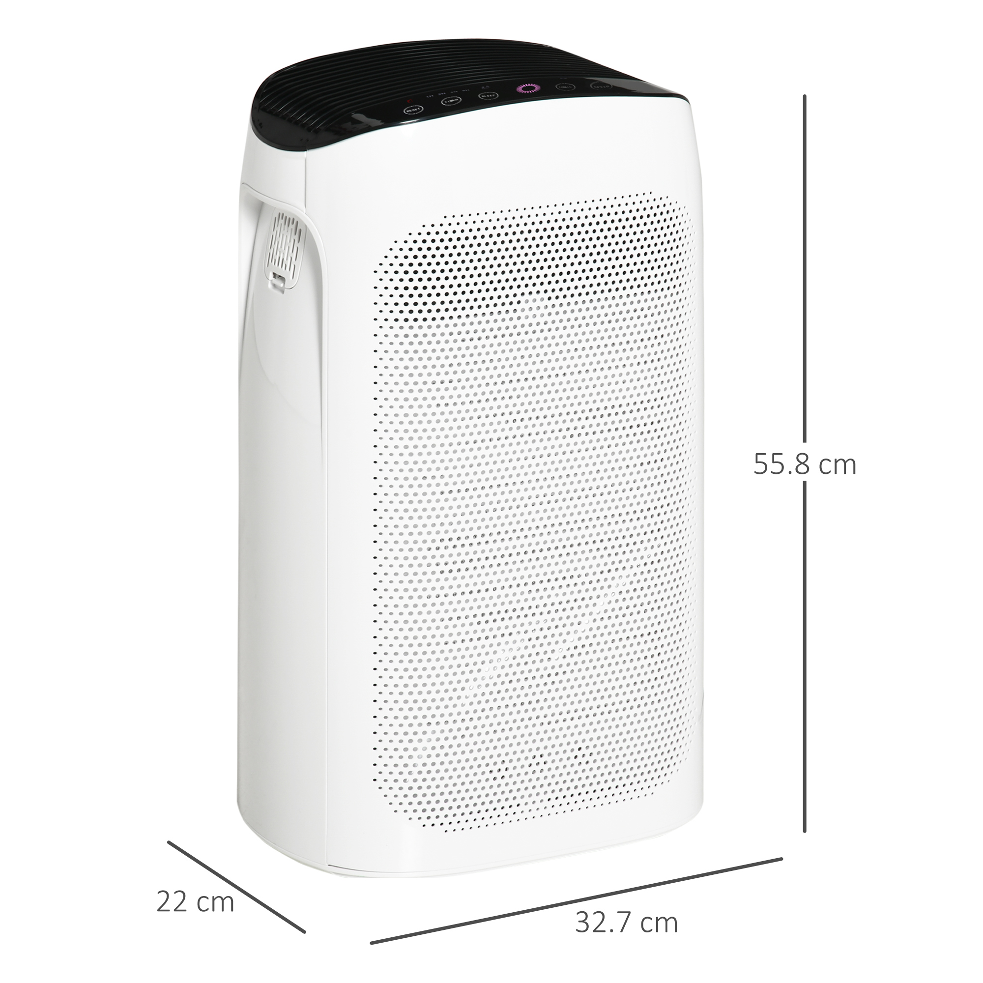 Purificatore d'aria bianco con parte superiore nera. Le dimensioni sono indicate.