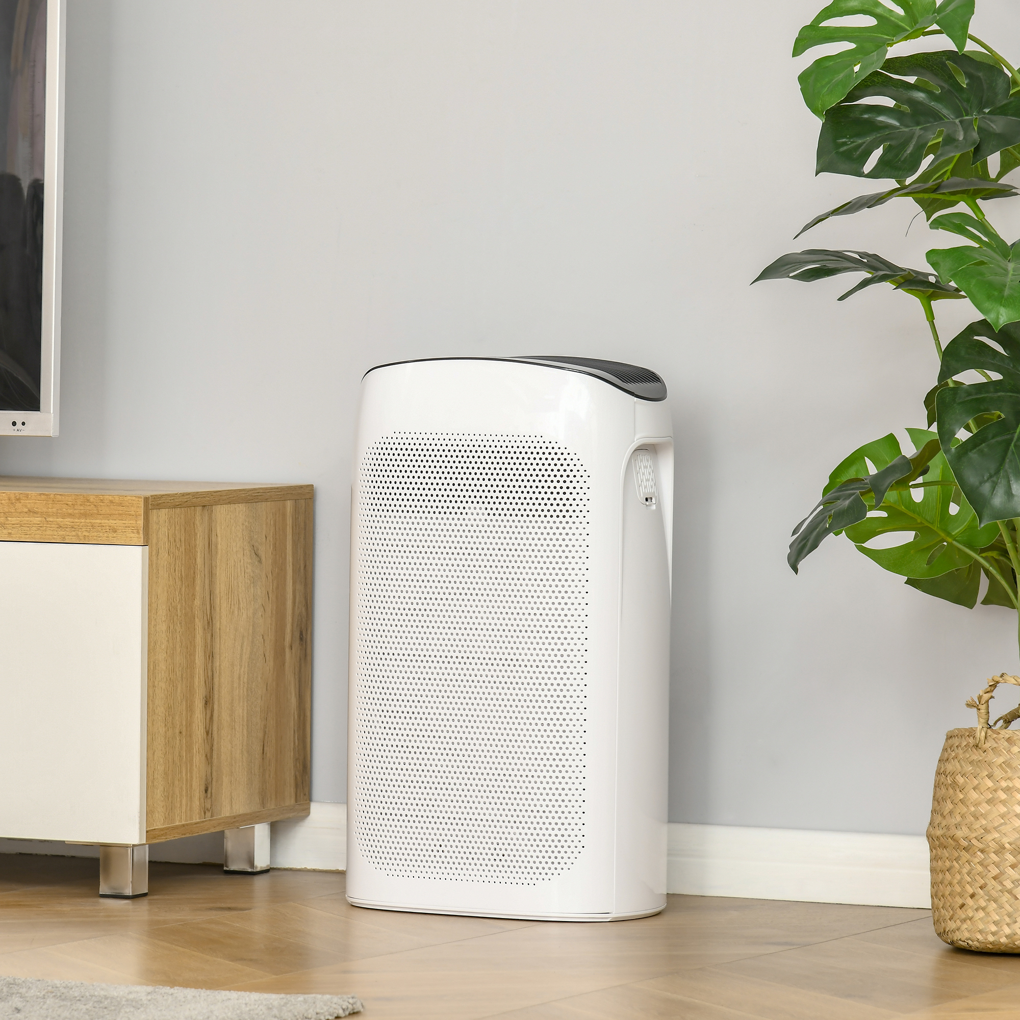 Purificatore d'aria bianco con parte superiore nera, vicino a una pianta e mobile in legno.