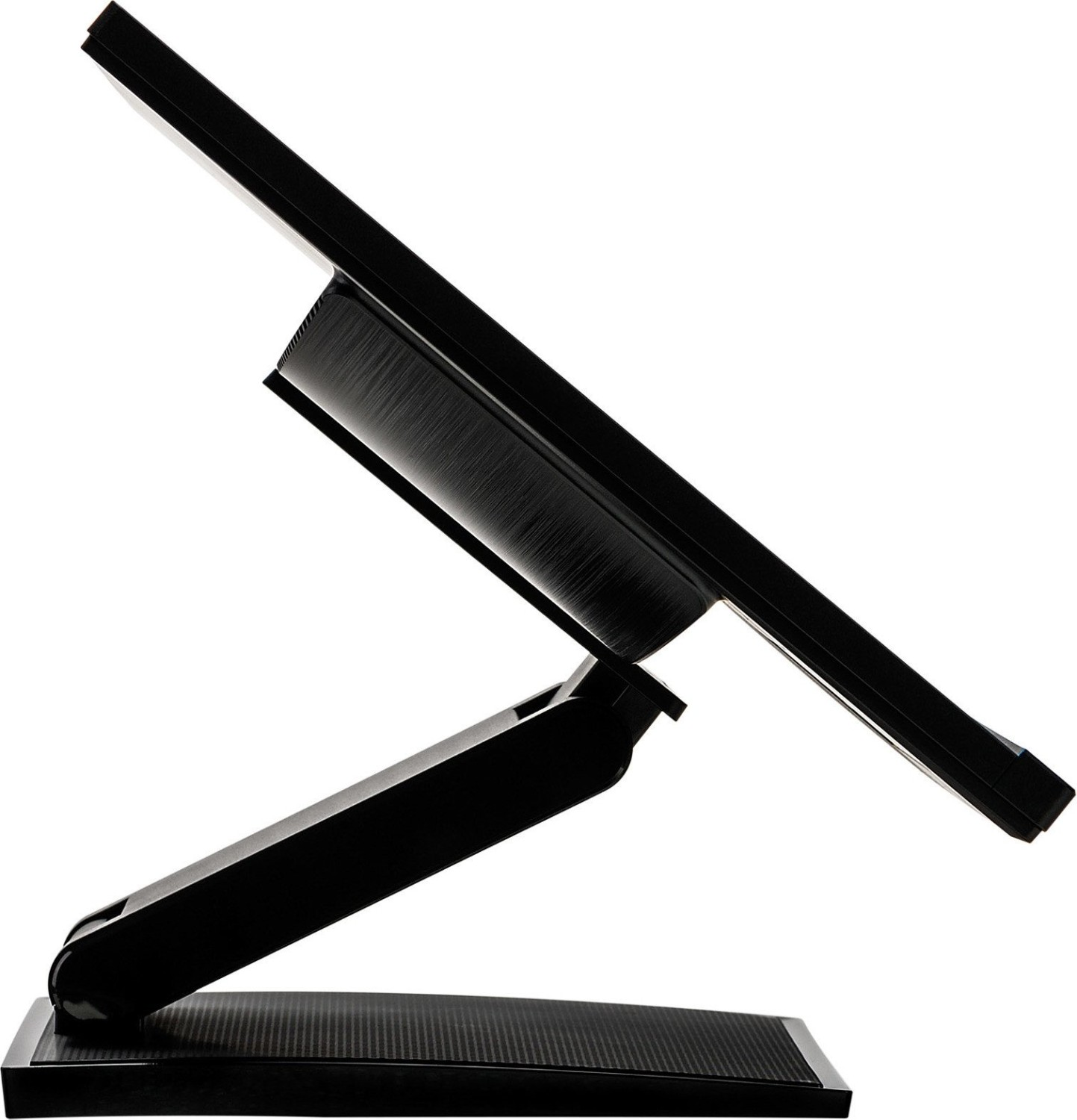 Czarny monitor komputerowy na stojaku, widok z boku, białe tło, pod kątem.