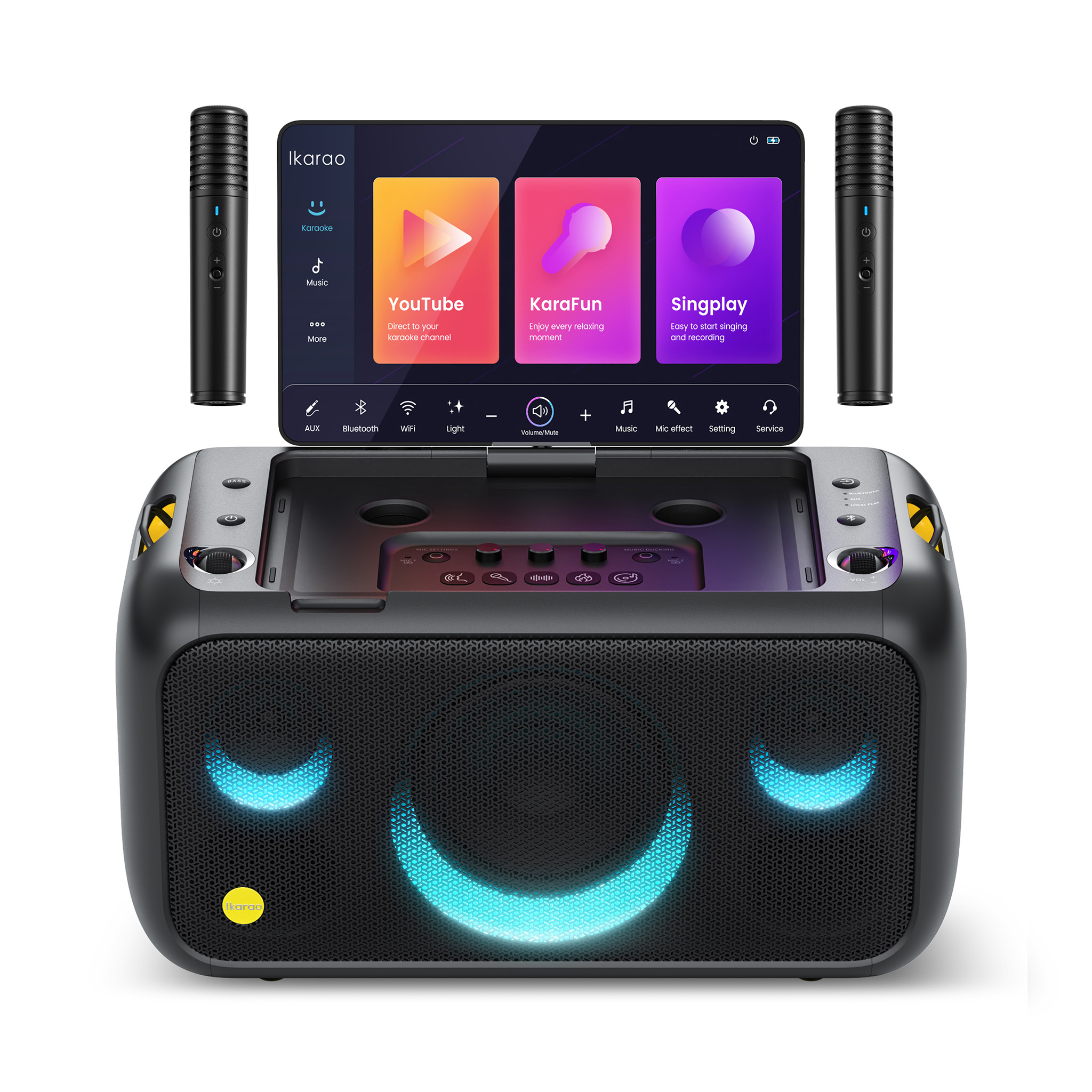 Karaoke-Maschine mit Bildschirm, zwei Mikros und Lautsprecher mit Smiley.
