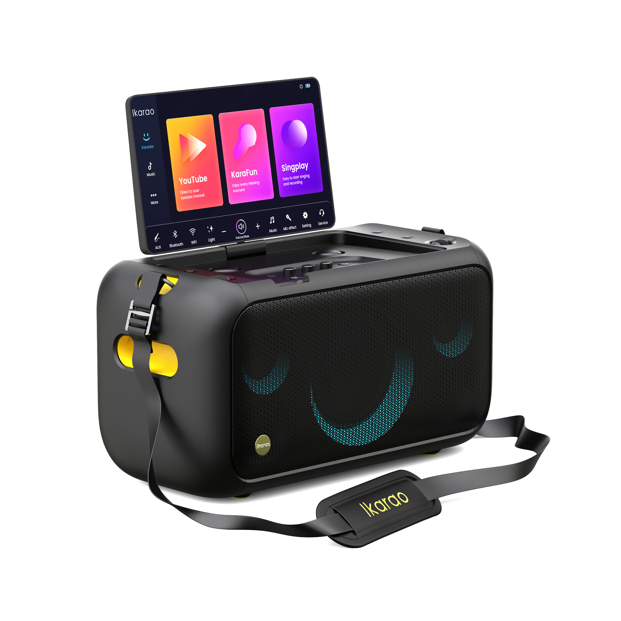 Schwarze Karaoke-Maschine mit Bildschirm. Zeigt Karaoke-Apps. Funktionen: Bluetooth, Mikrofon-Effekte, Einstellungen.