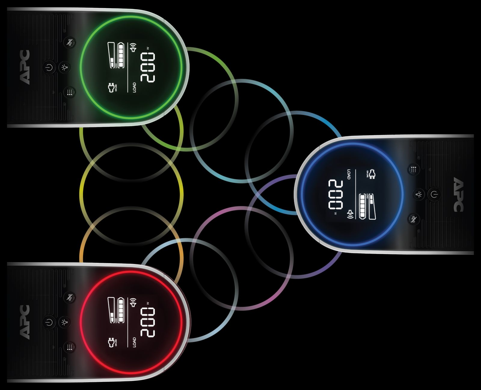 Trzy urządzenia APC z kolorowymi okrągłymi światłami i czarnym tłem.