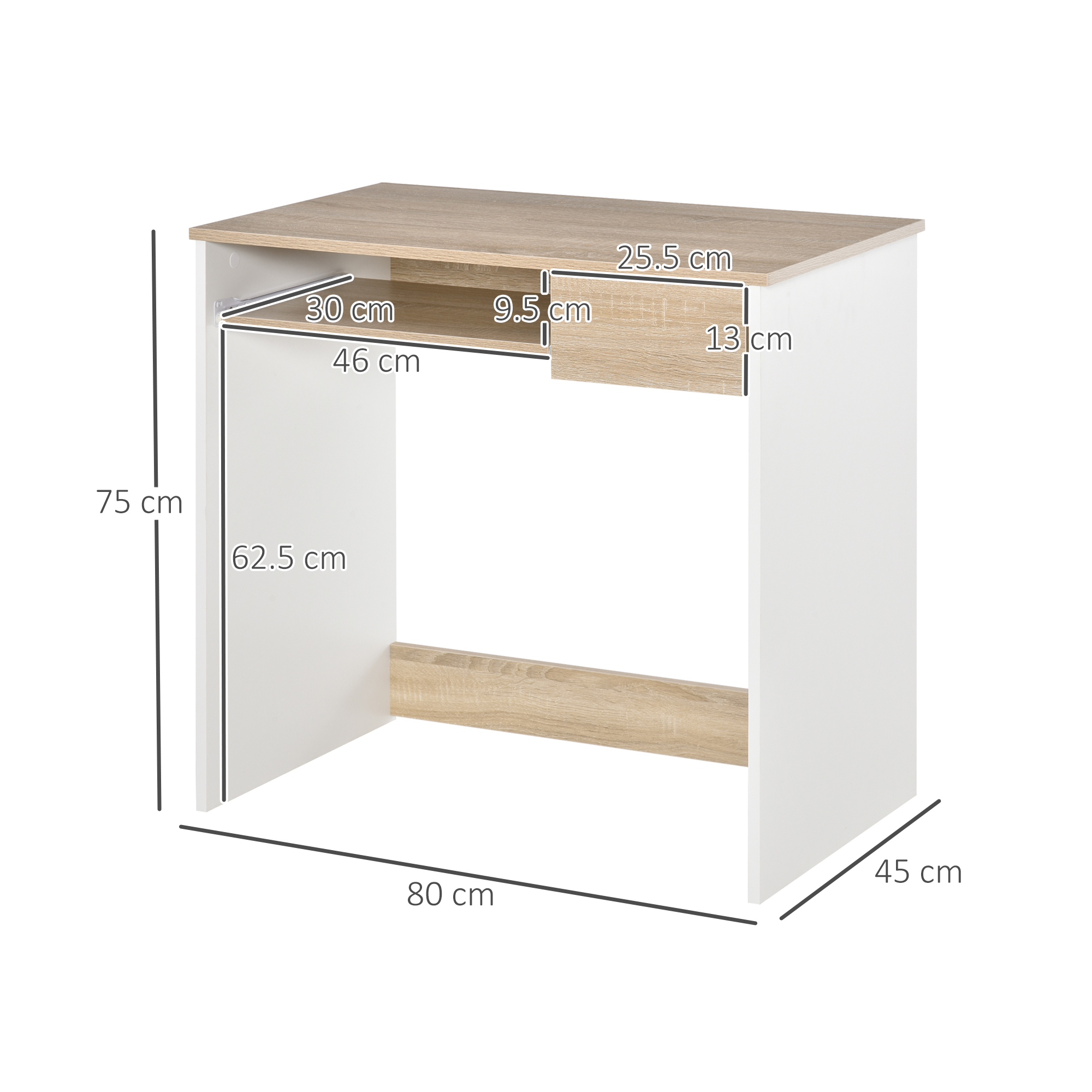Una scrivania bianca e in tonalità legno con dimensioni etichettate. Include un cassetto e una piccola mensola.
