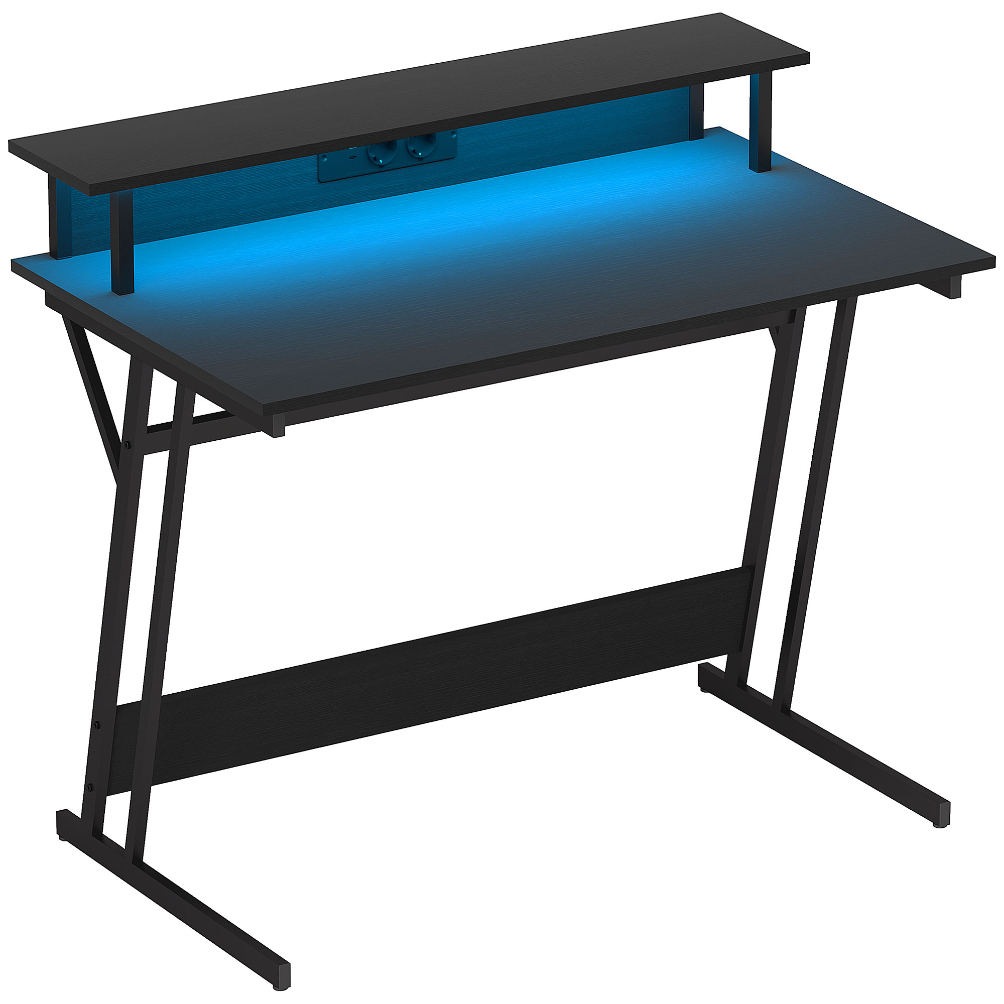 Scrivania da gaming nera con illuminazione a LED blu. Dotata di ripiano superiore e gambe angolate.