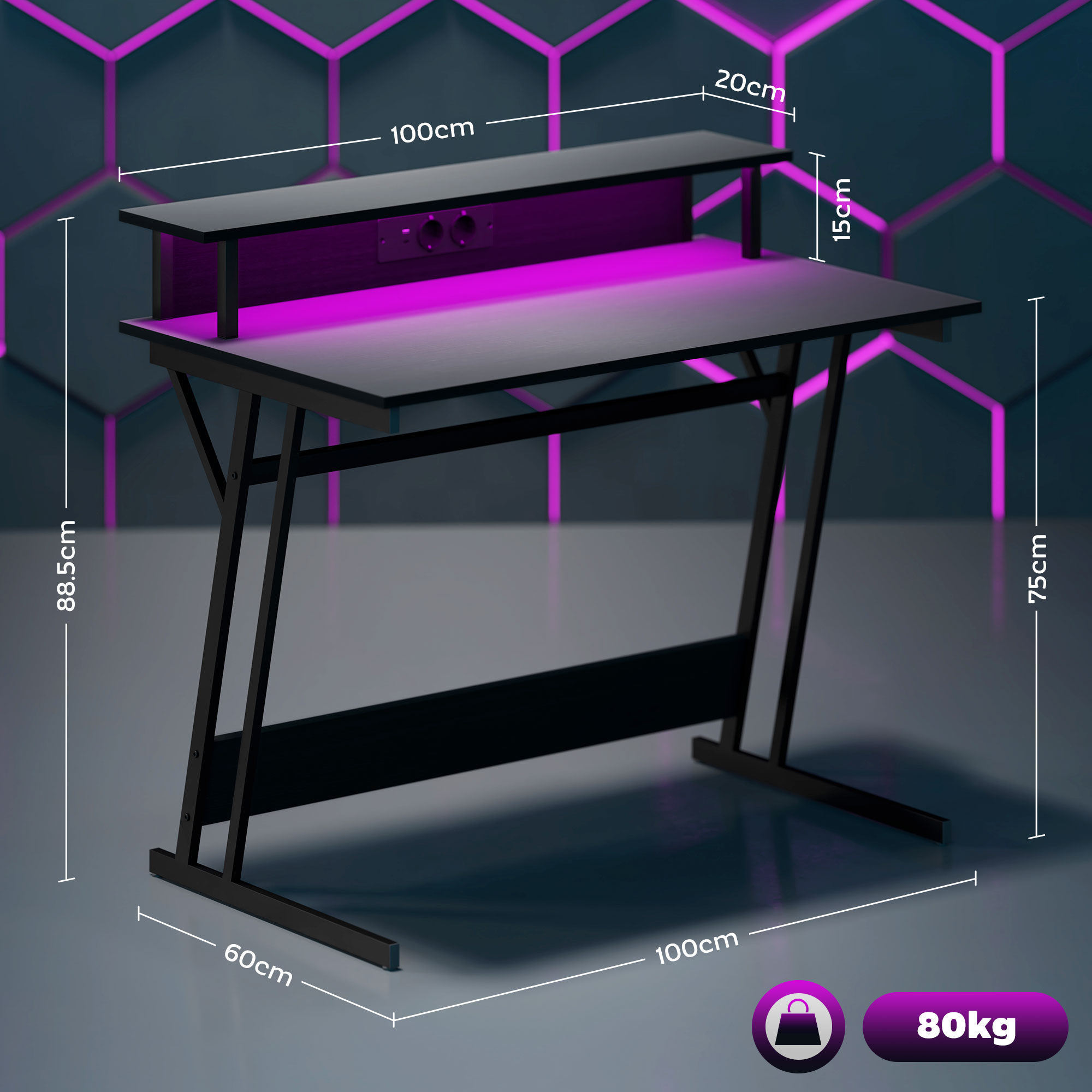 Una scrivania da gioco nera con dimensioni. Ha una mensola superiore con illuminazione.