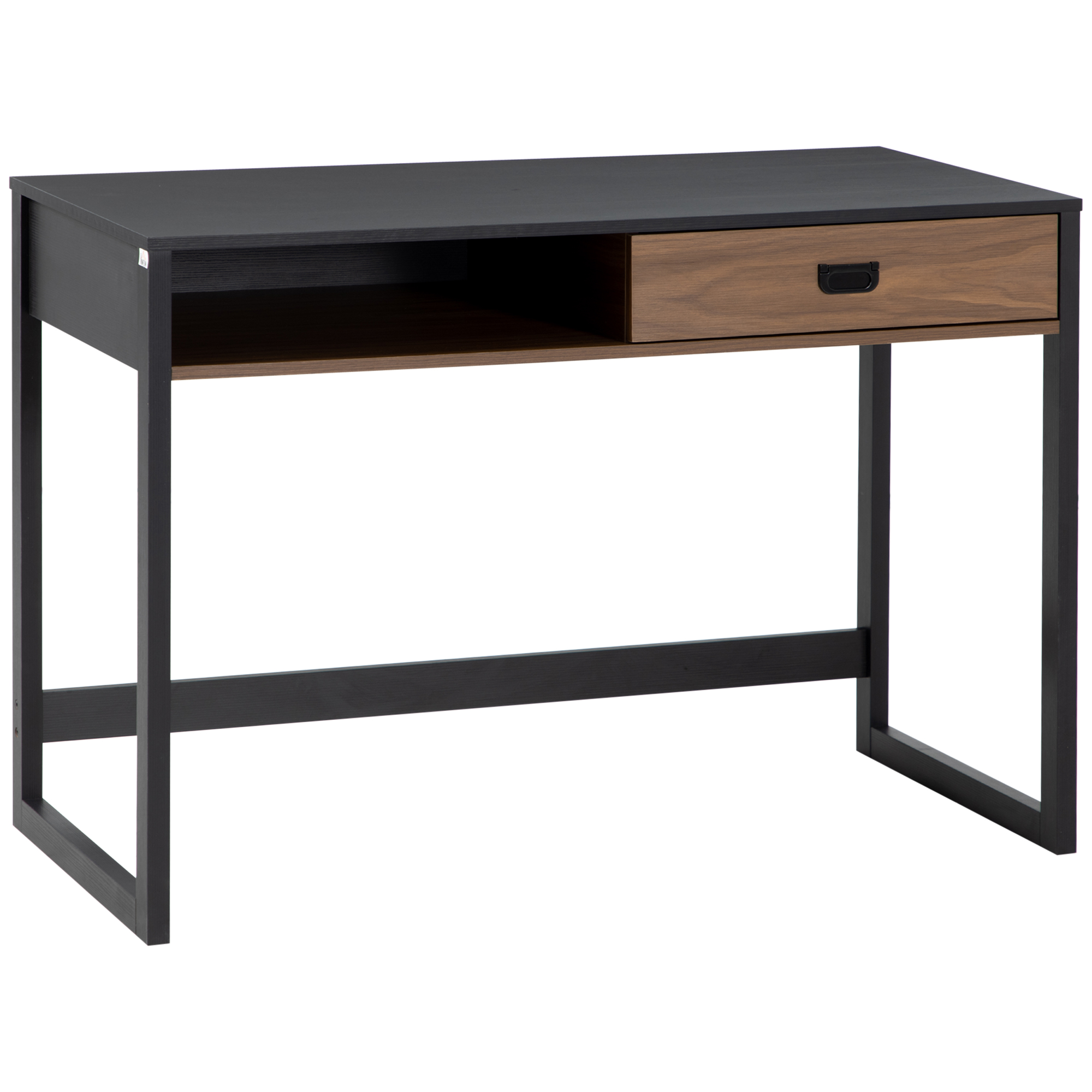 Scrivania nera con cassetto, piano scuro e gambe in metallo nero su sfondo bianco.