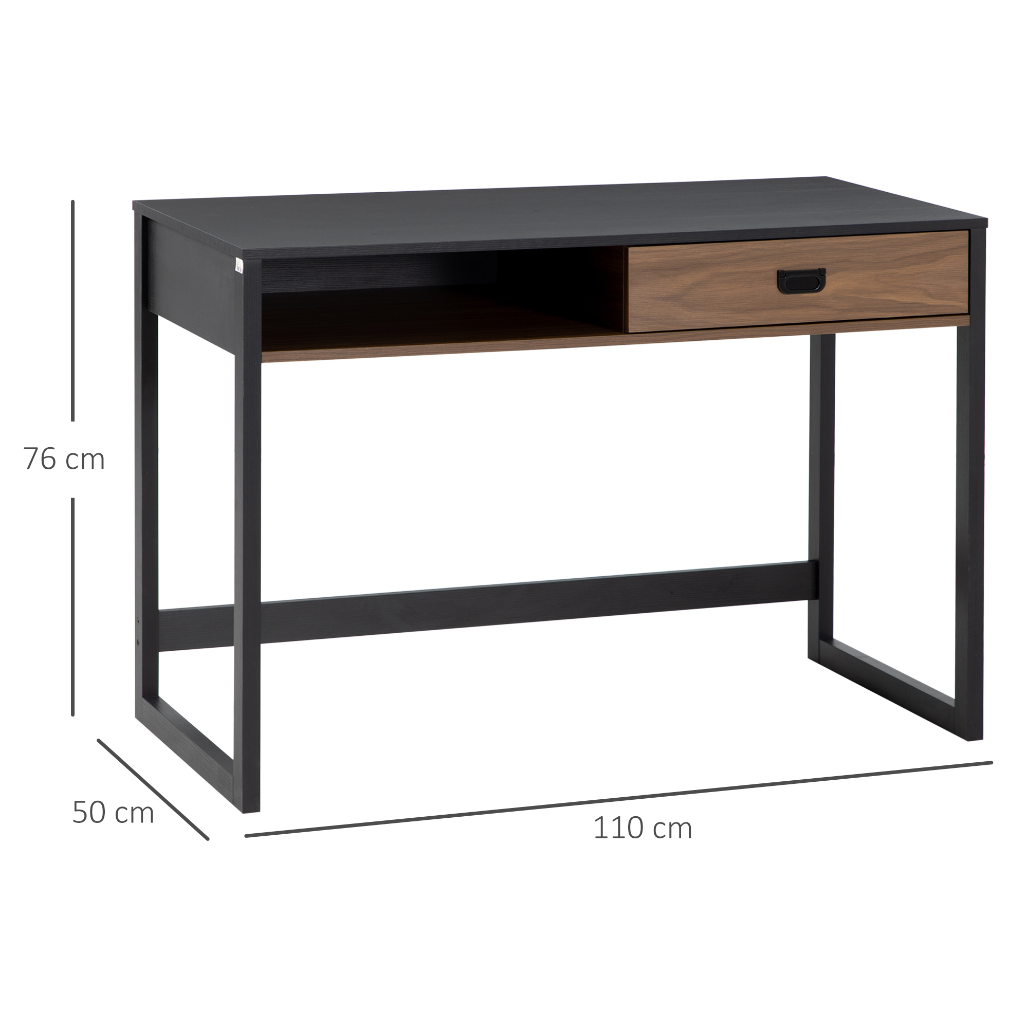 Scrivania nera con cassetto e frontale in legno marrone. La scrivania ha un telaio in metallo.