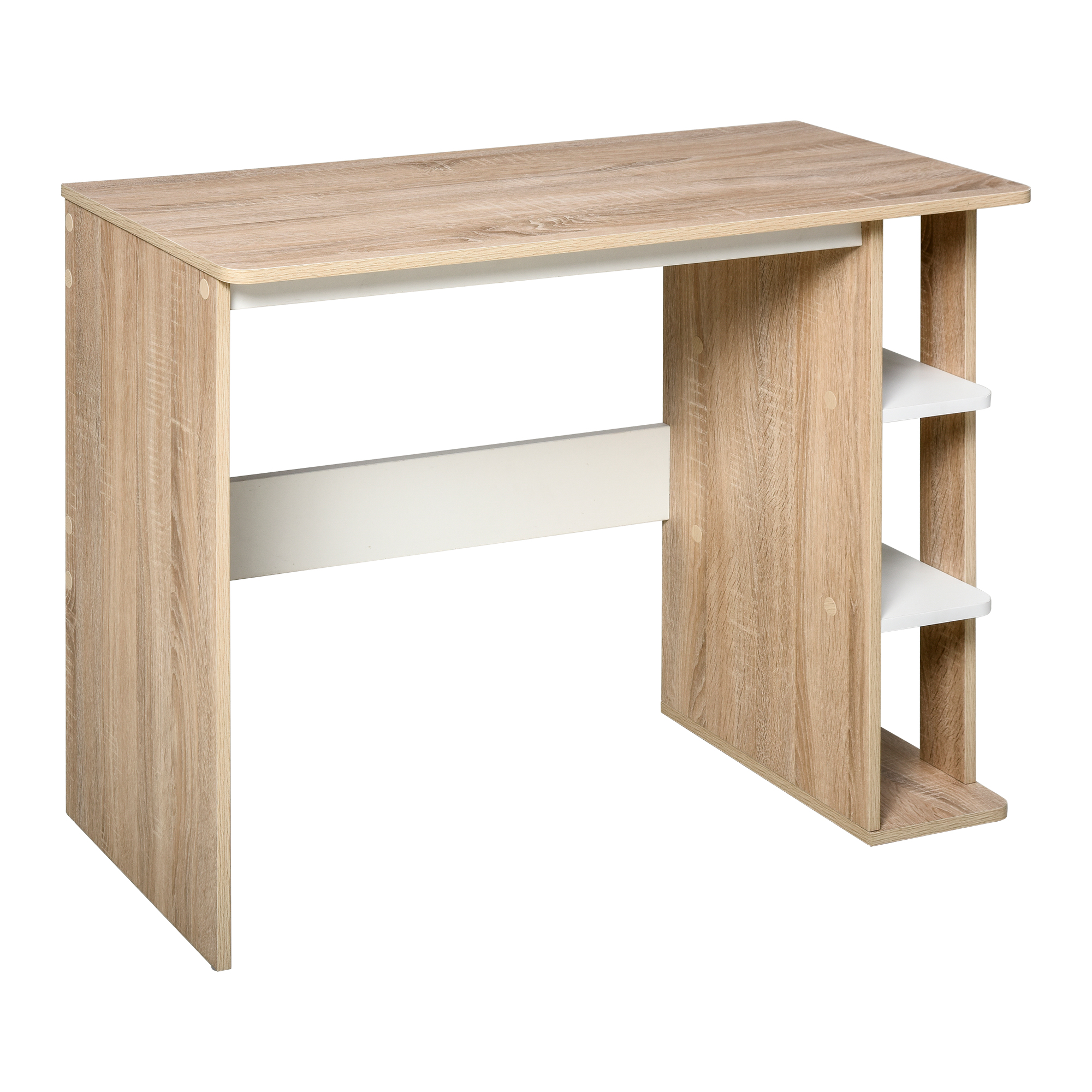 Scrivania con finitura in legno chiaro. Ha un design semplice con ripiani aperti sul lato.