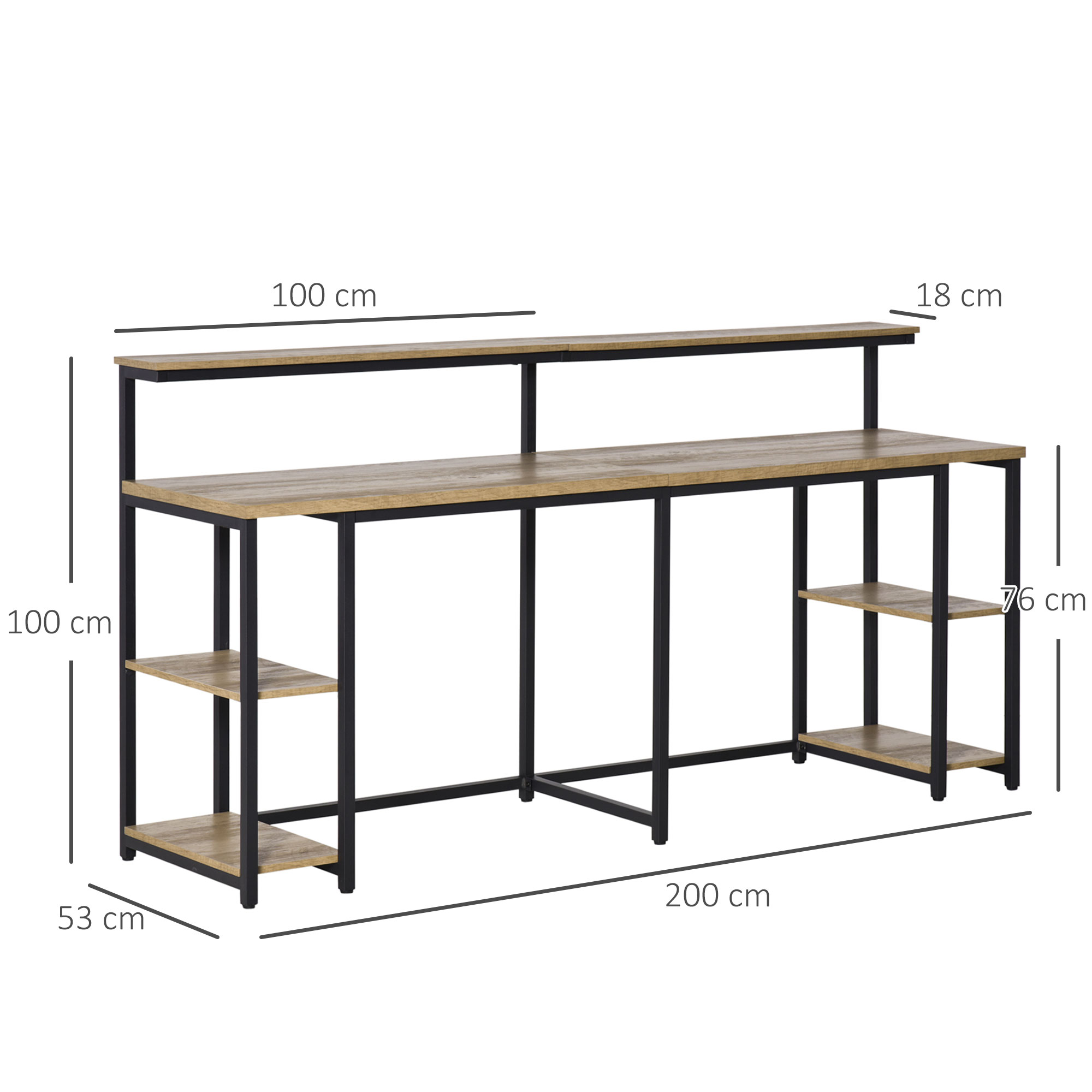 Scrivania in legno con gambe e mensole in metallo nero, con dimensioni indicate.
