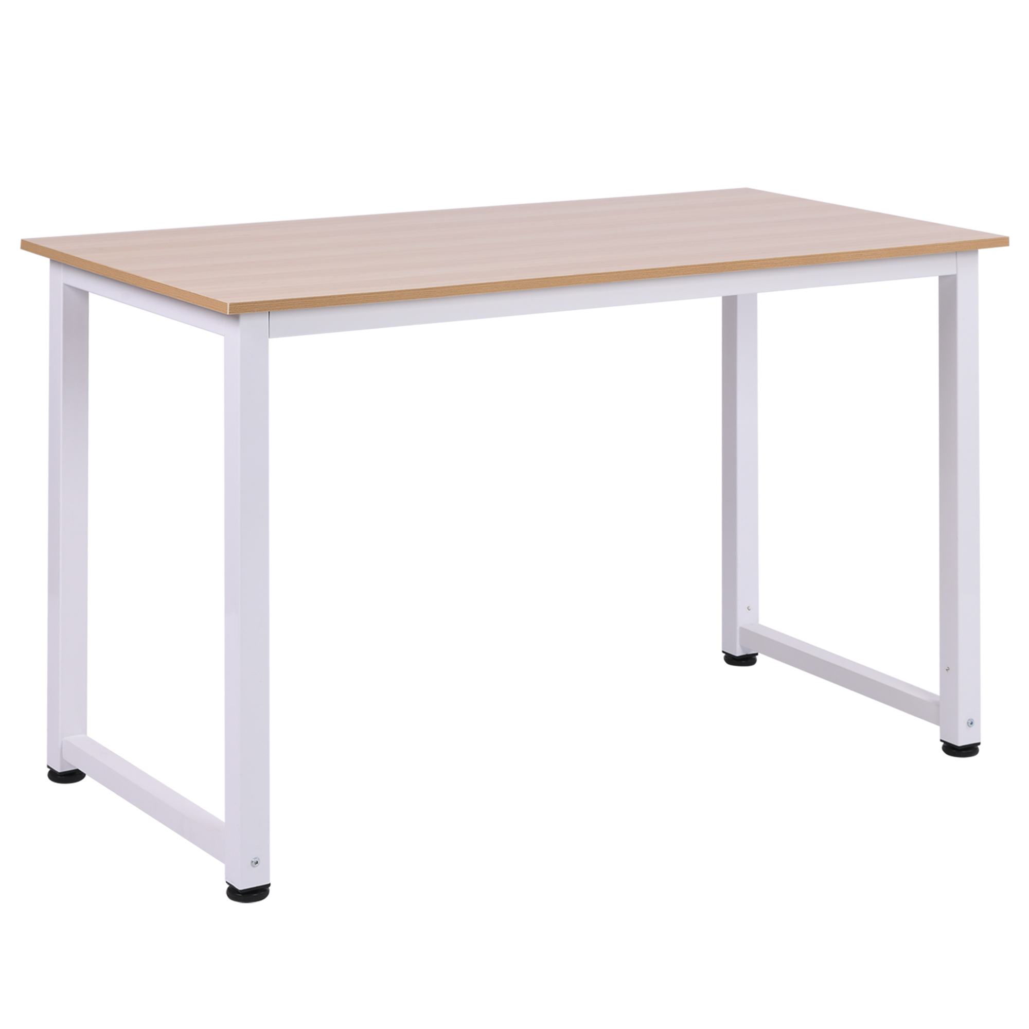 Scrivania rettangolare con piano in legno chiaro e struttura in metallo bianco. Piedi neri.