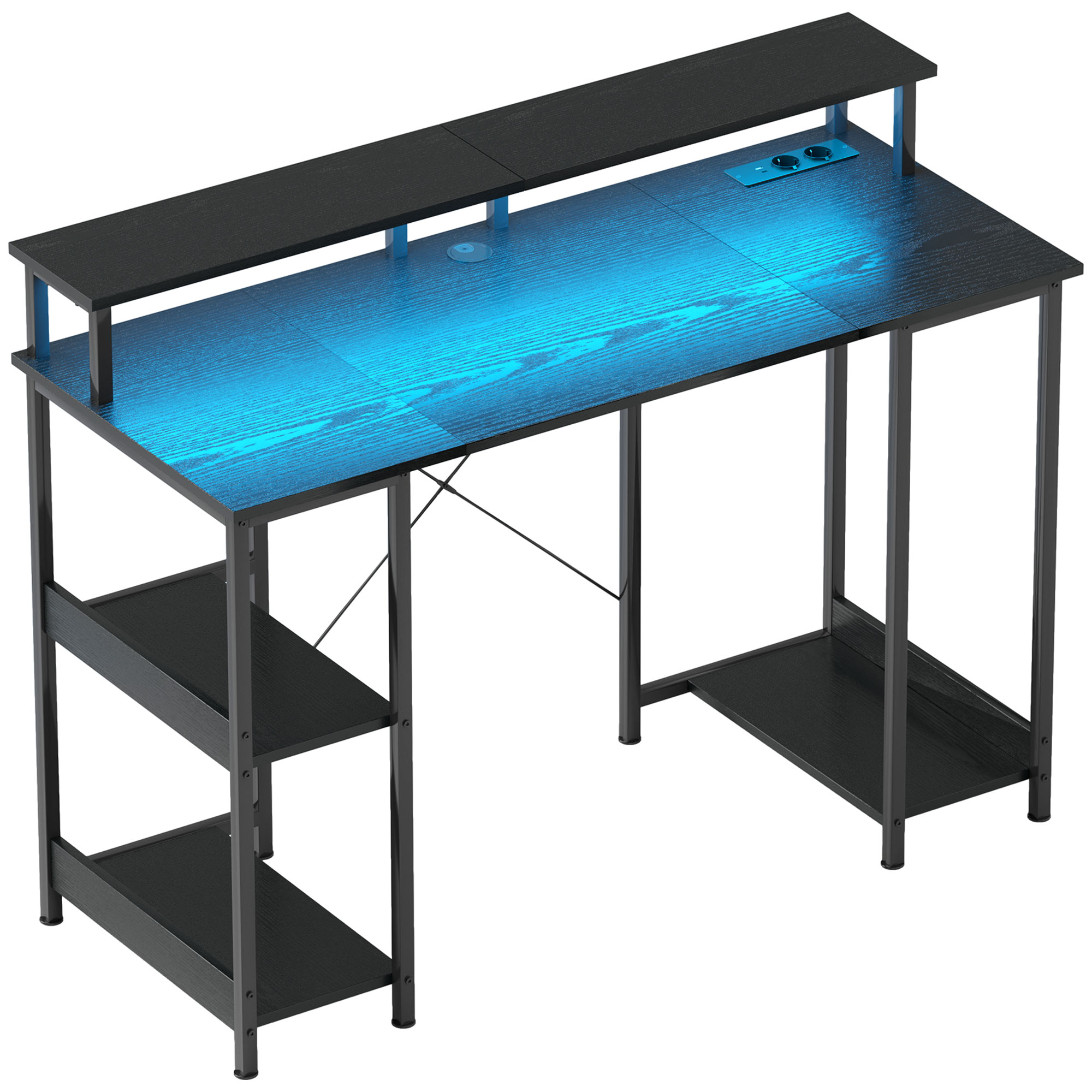 Scrivania nera con ripiani, un ripiano superiore e illuminazione a LED blu.