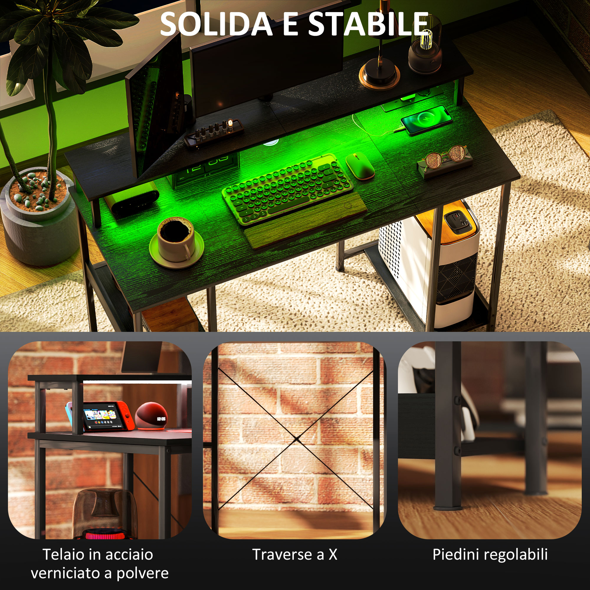 Scrivania da gaming con illuminazione verde, computer e accessori. Tre immagini mostrano dettagli.