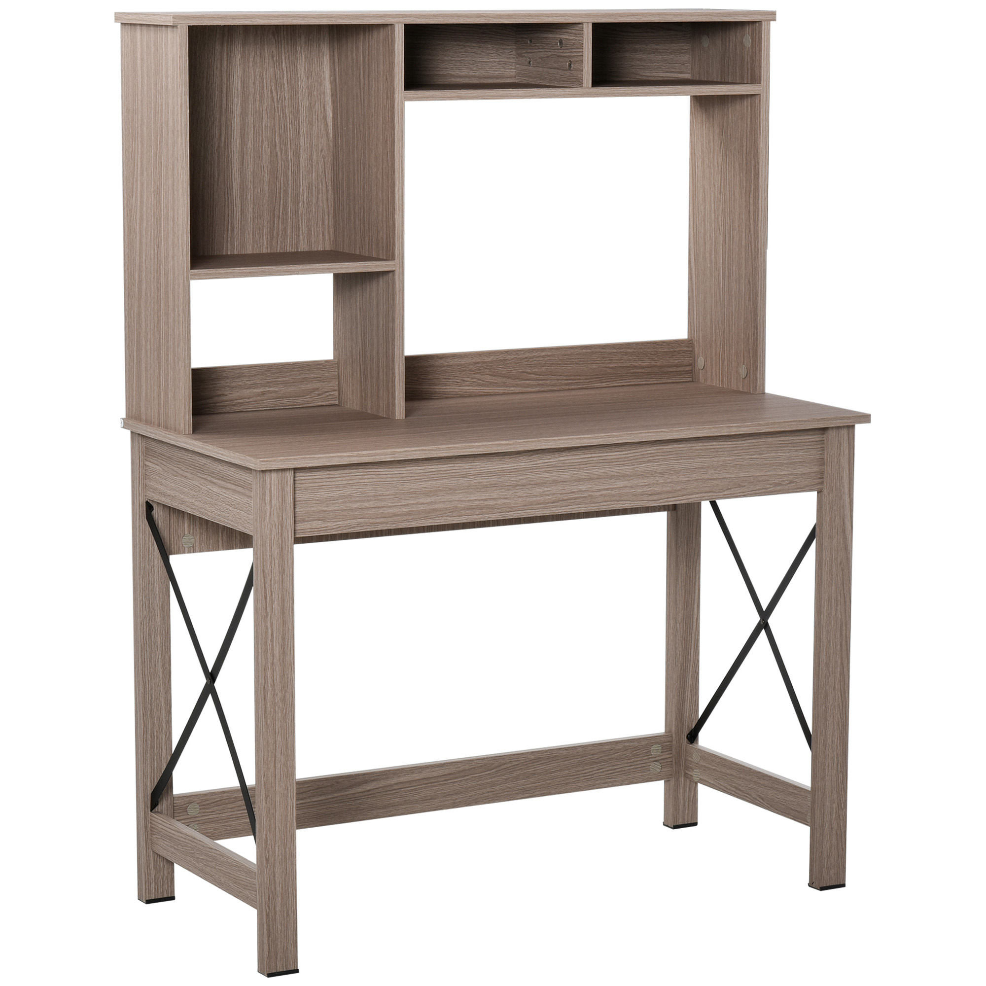 Scrivania con scaffali e credenza. Colore marrone chiaro.