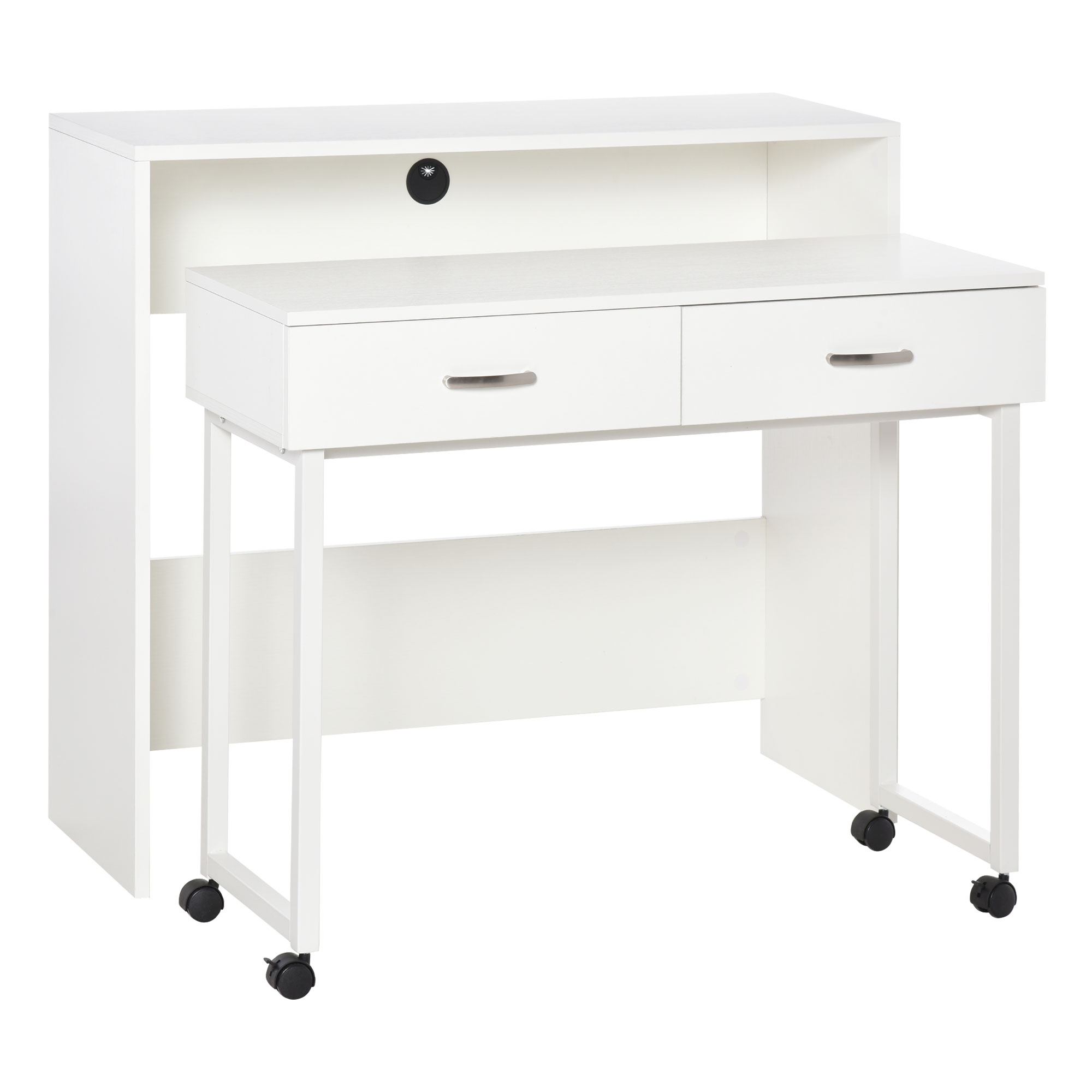 Scrivania bianca con due cassetti. Su ruote e una credenza.