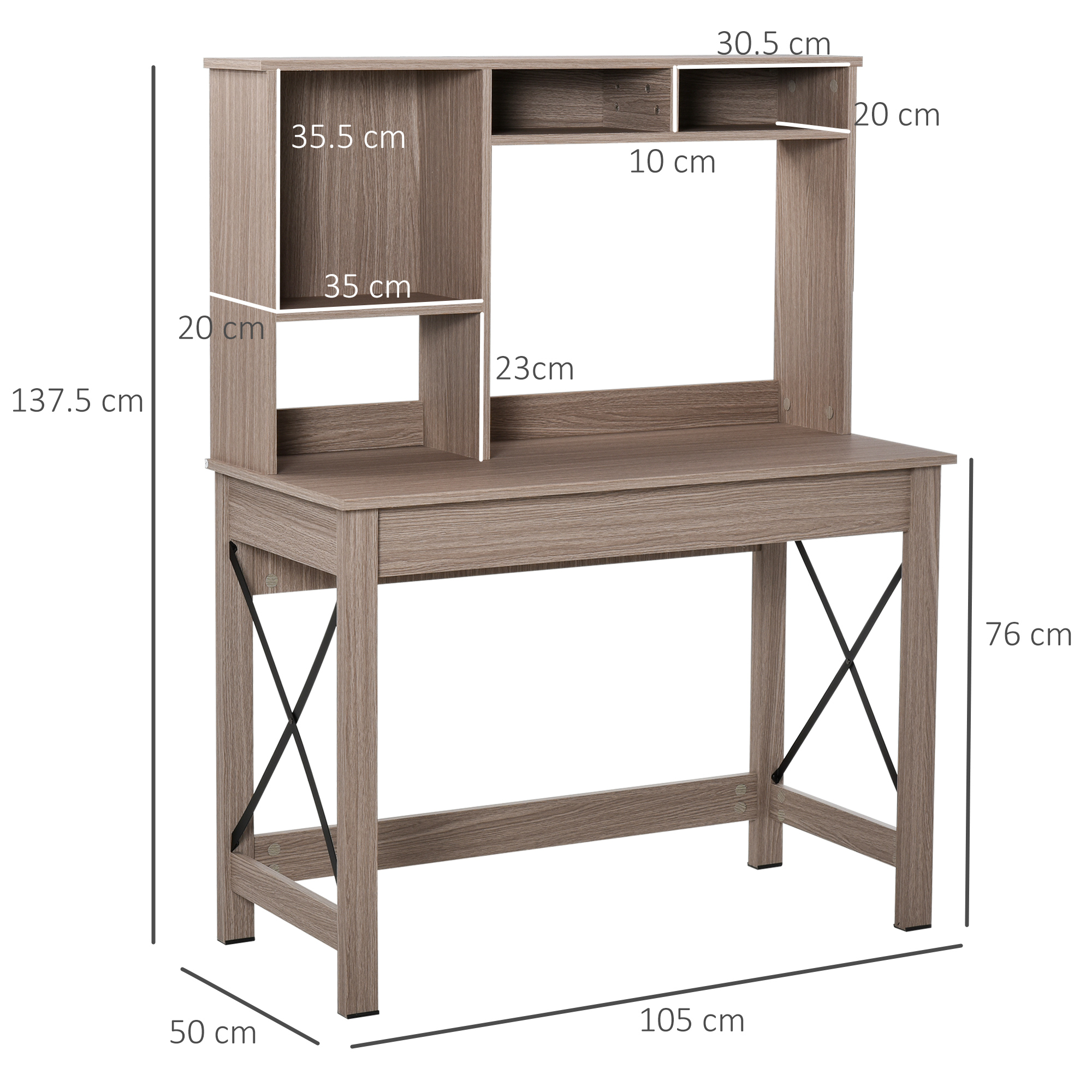 Una scrivania marrone con alzata. Dimensioni indicate. Supporti neri a forma di X.
