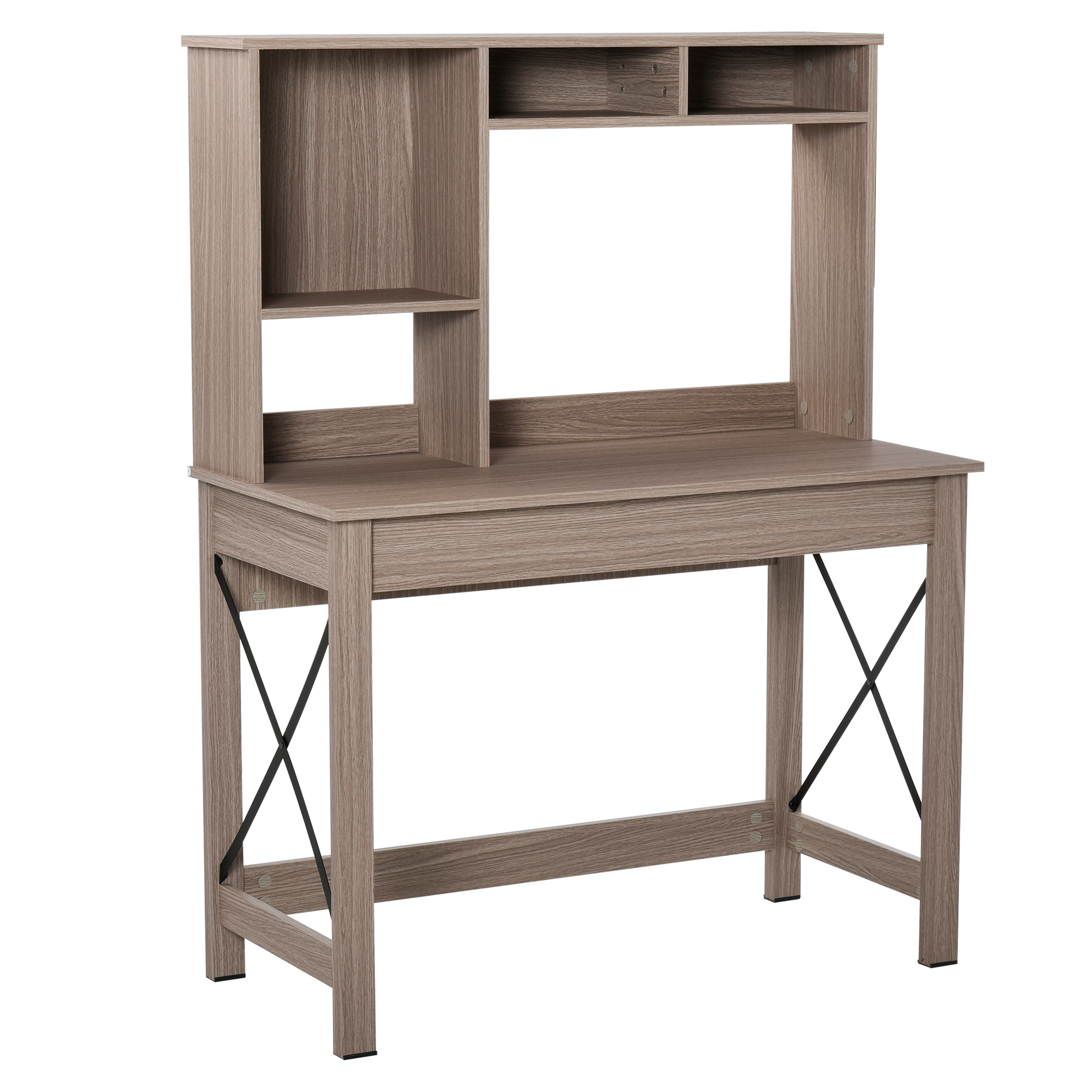 Scrivania in legno con ripiani e credenza. Ha un ripiano superiore e un armadietto.