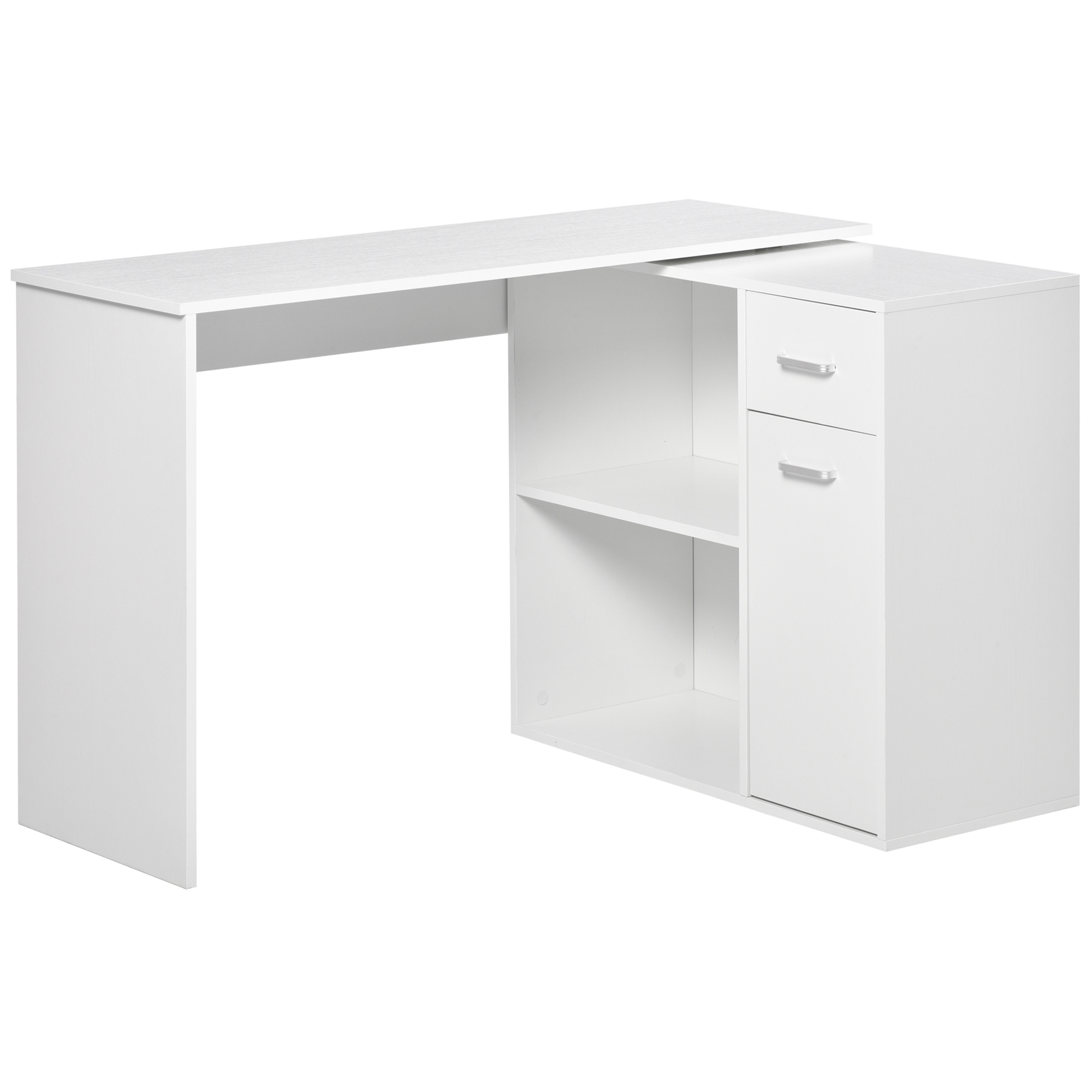 Una scrivania bianca con cassetti e un vano portaoggetti. Ha un design moderno e minimalista.