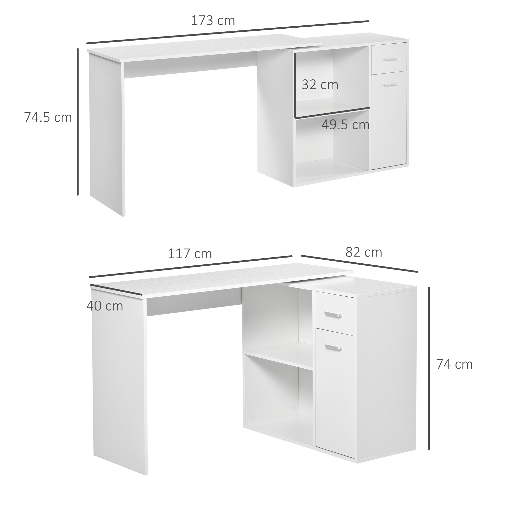 Scrivania bianca con dimensioni. Ha un ripiano e un armadio con due ripiani e due cassetti.