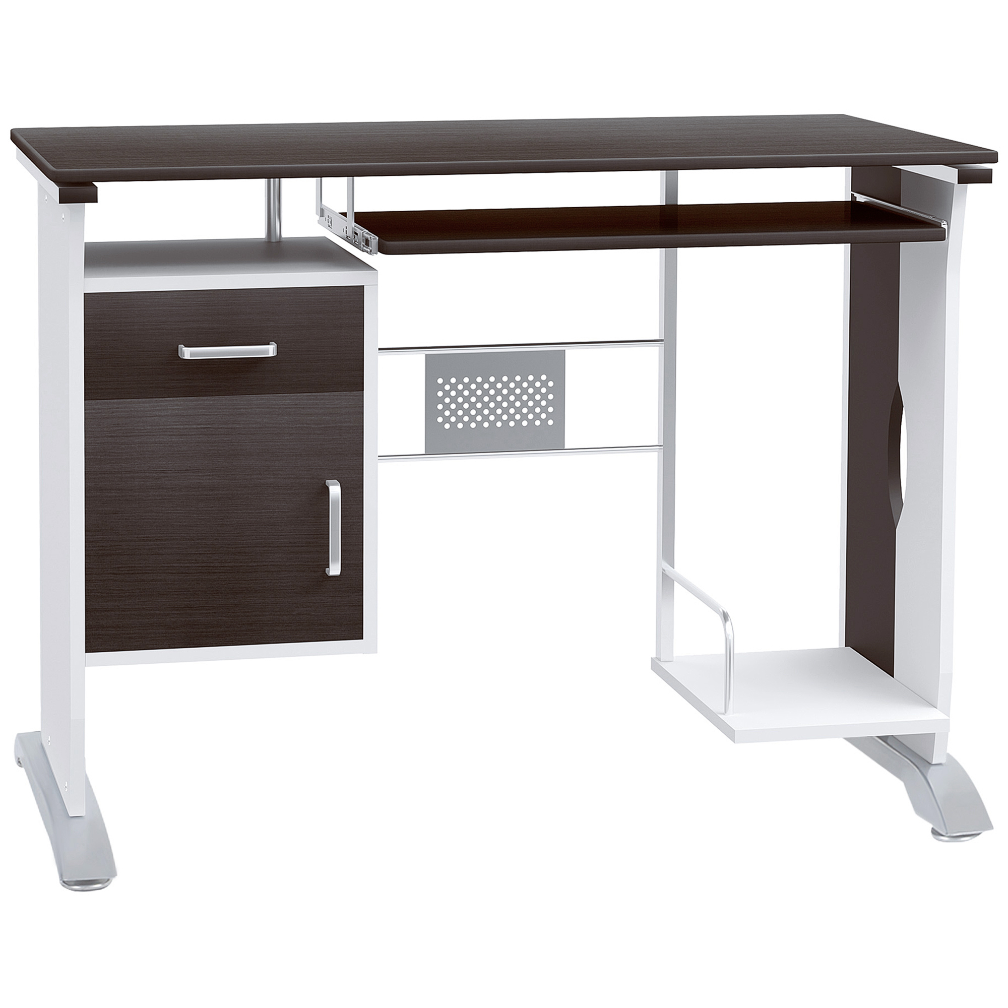 Scrivania con cassetto e ripiani. Marrone scuro con accenti bianchi e argento.