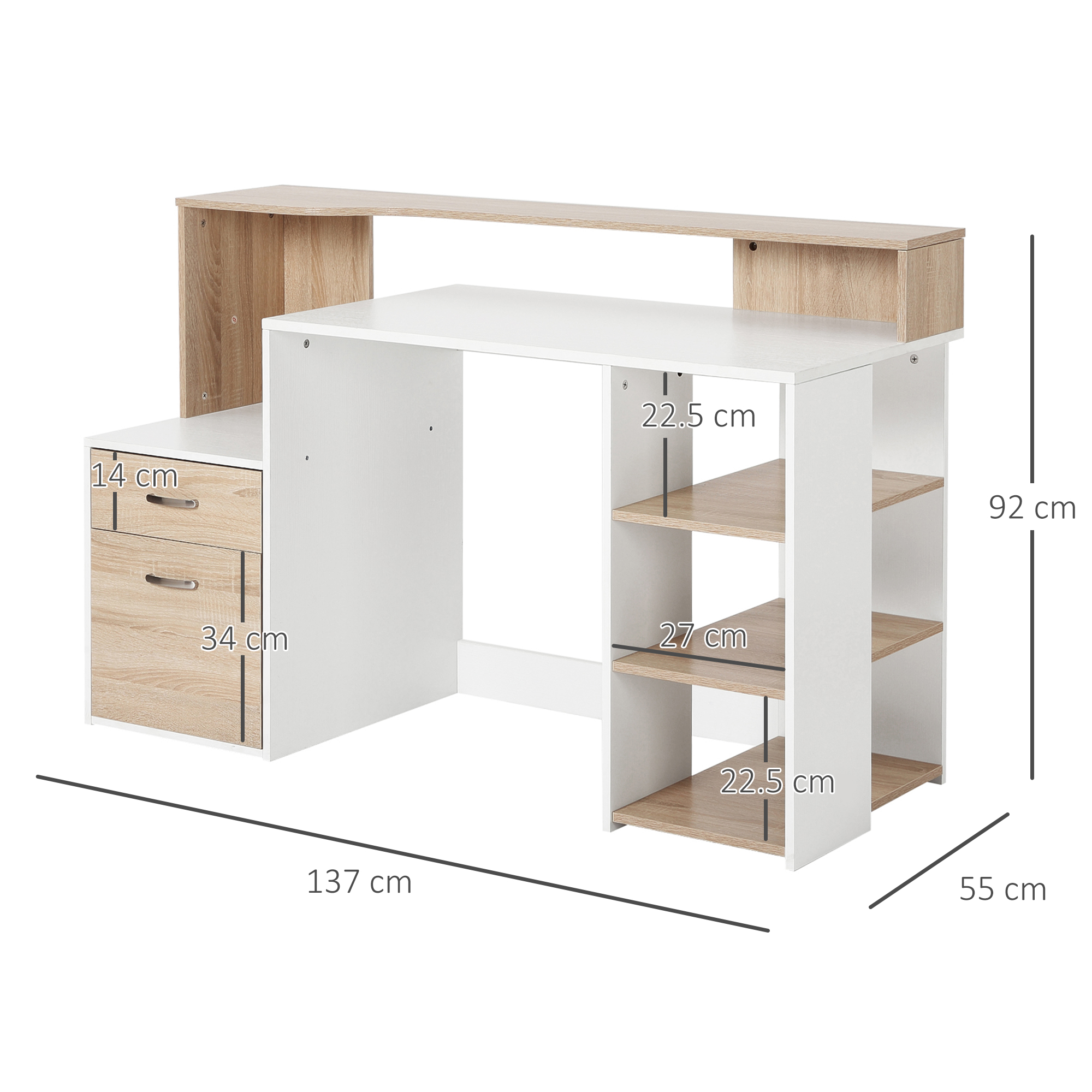 Scrivania bianca con dimensioni. Ha una credenza con un cassetto e un lato con ripiani.