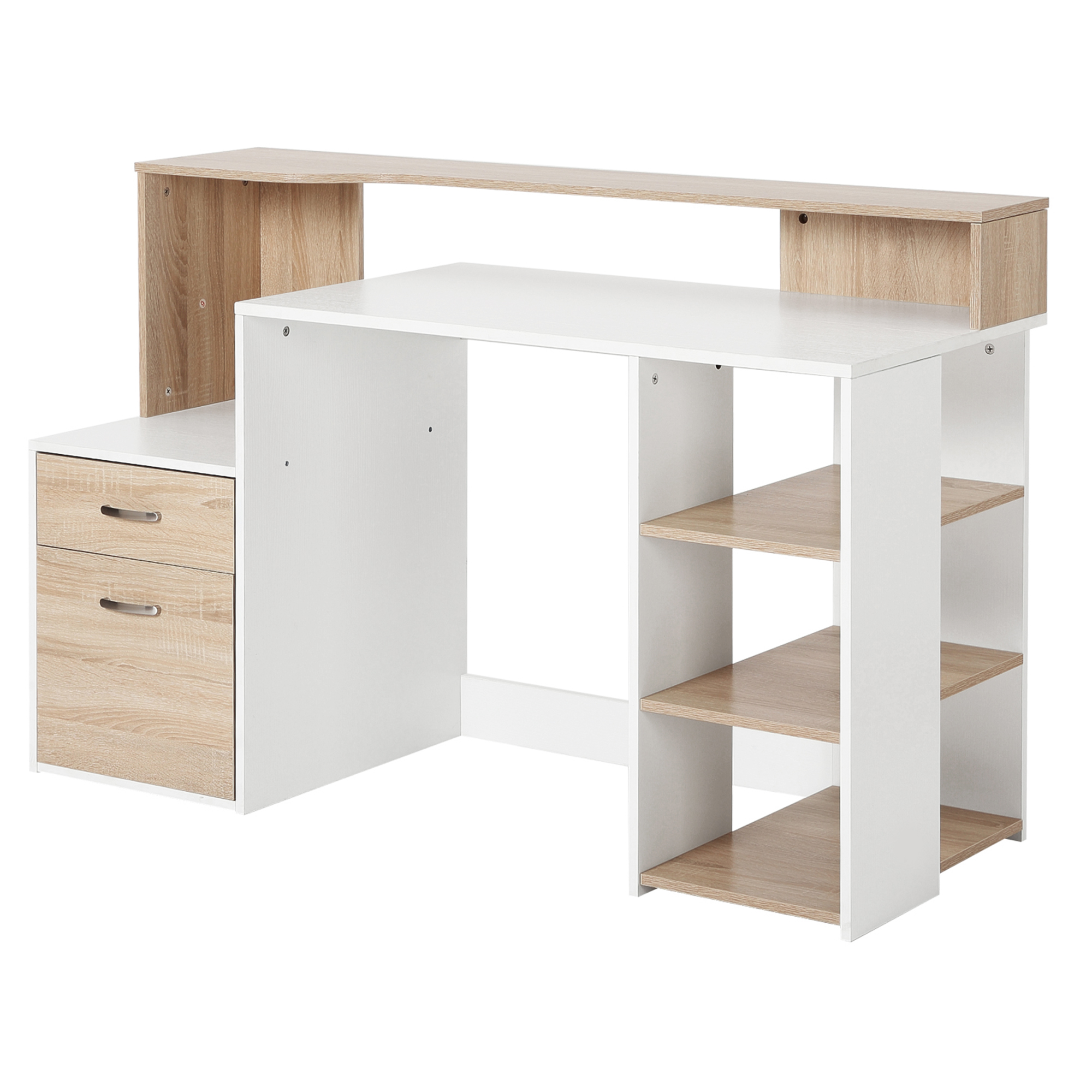 Scrivania bianca e legno con cassetti e mensole. La scrivania è una combinazione bianca e legno.