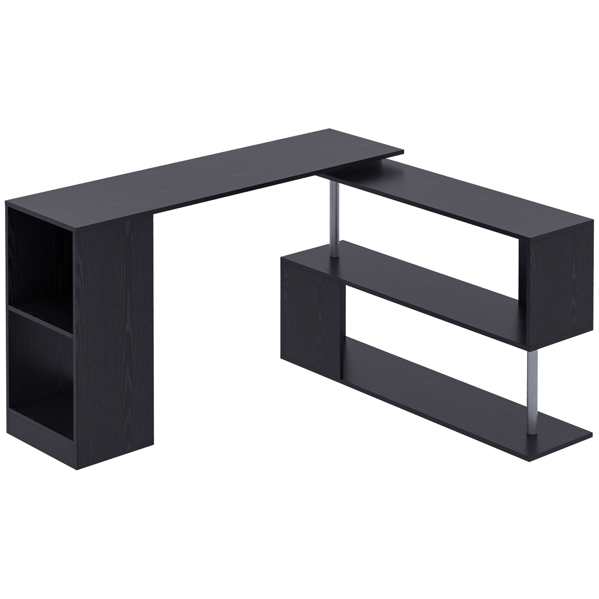 Scrivania in legno nero con ripiani e un design angolare unico. Sfondo bianco.