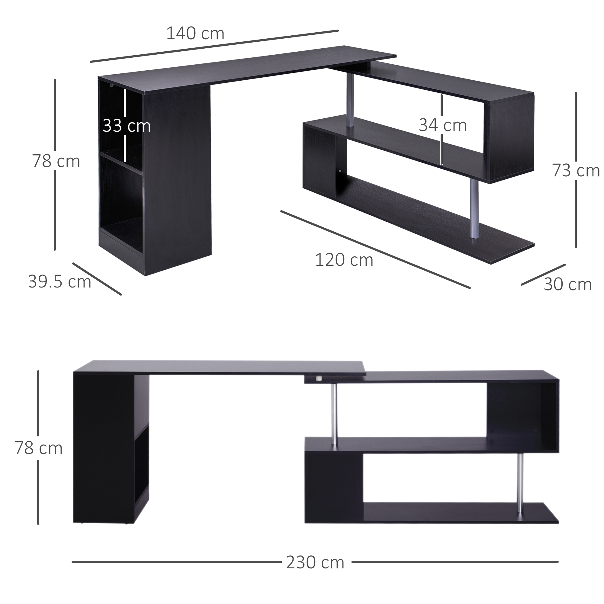 Scrivania nera con dimensioni. Include mensole e supporto per computer. Supporti argentati.