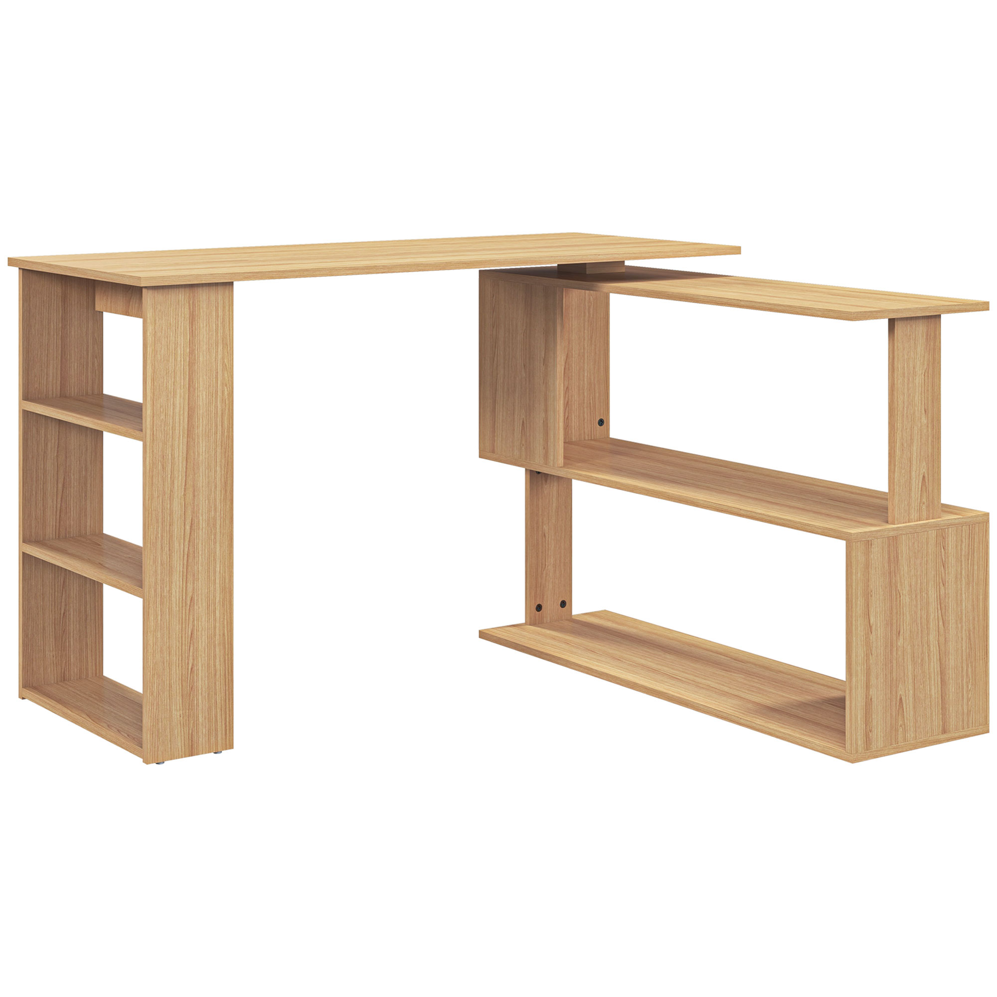 Scrivania in legno a forma di L. Ha ripiani laterali e centrali.