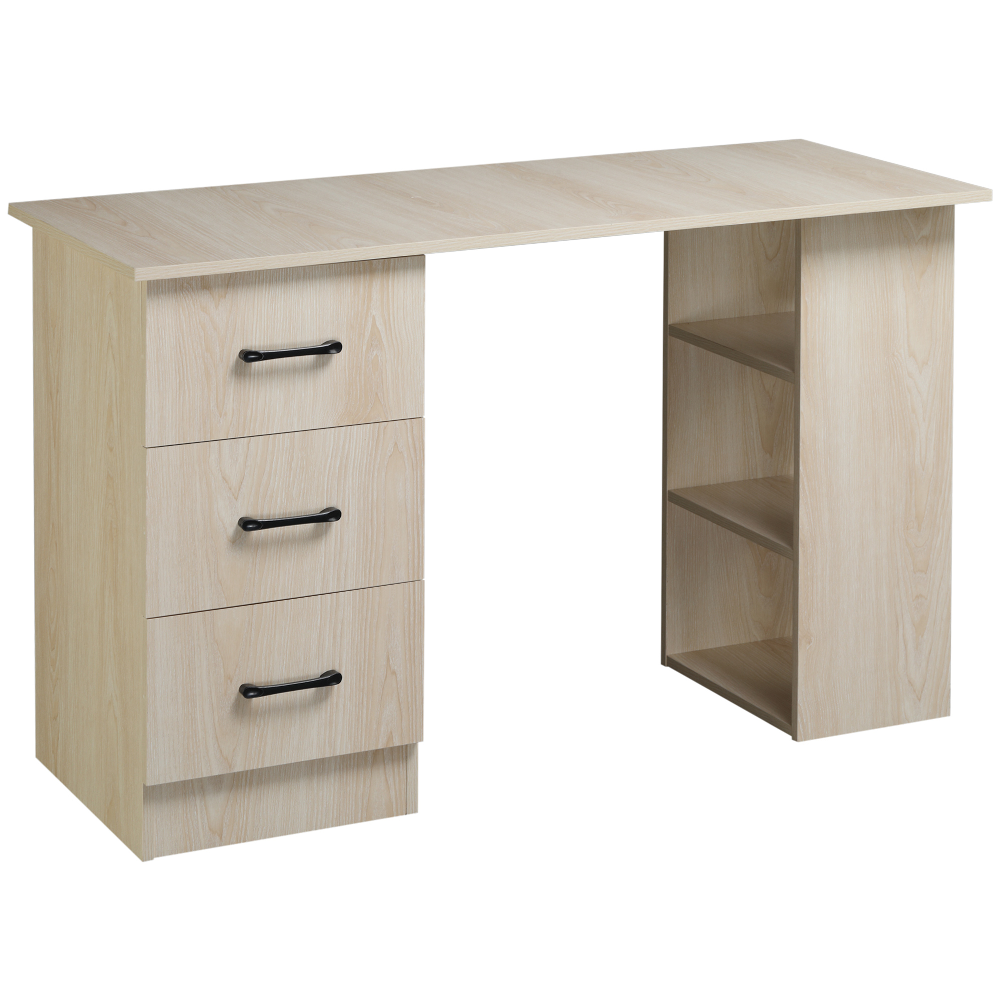 Scrivania in legno chiaro con tre cassetti e ripiani aperti. Maniglie nere.