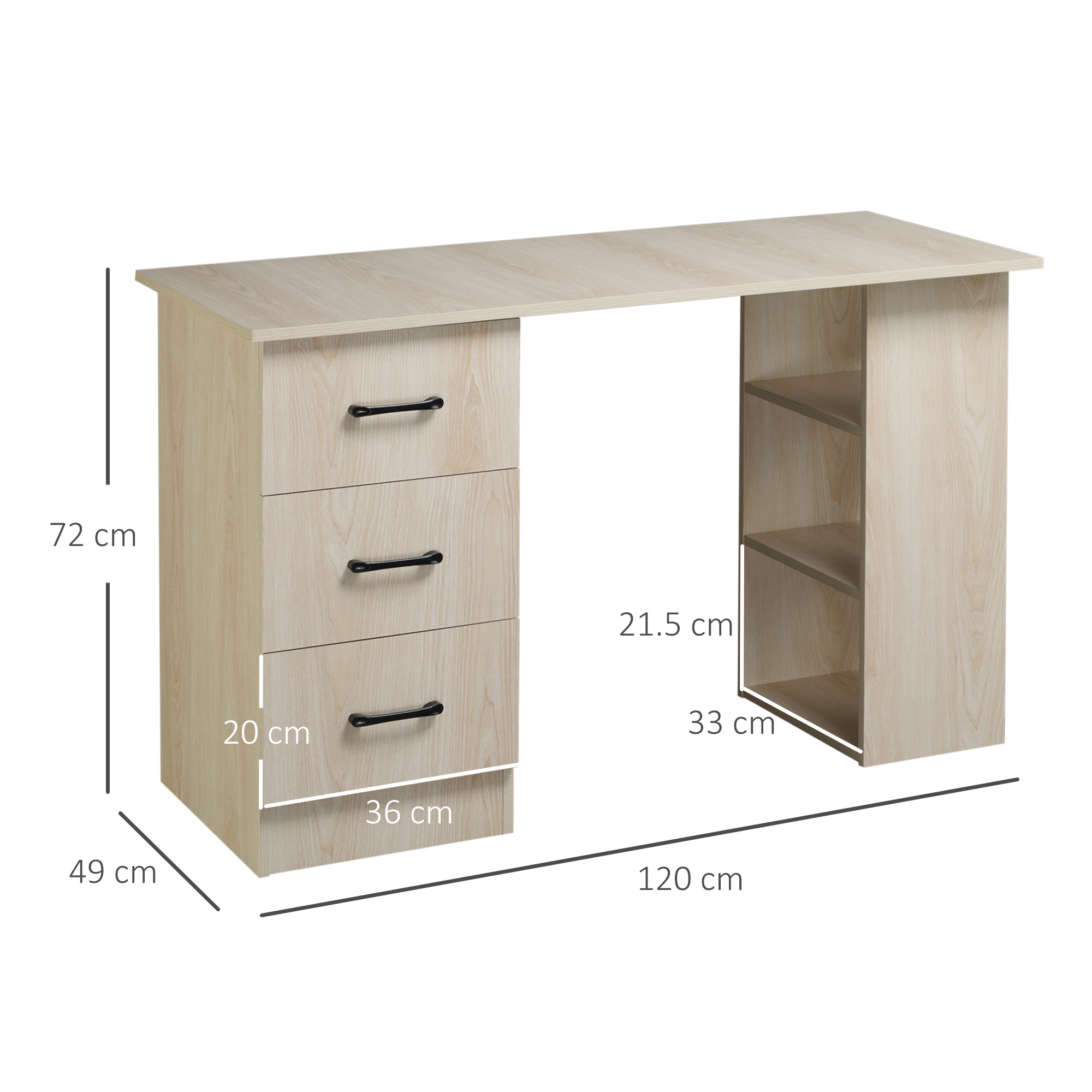 Una scrivania in legno chiaro con tre cassetti e dimensioni etichettate in cm: 72, 49, 36, 20, 120 e 21,5, 33.