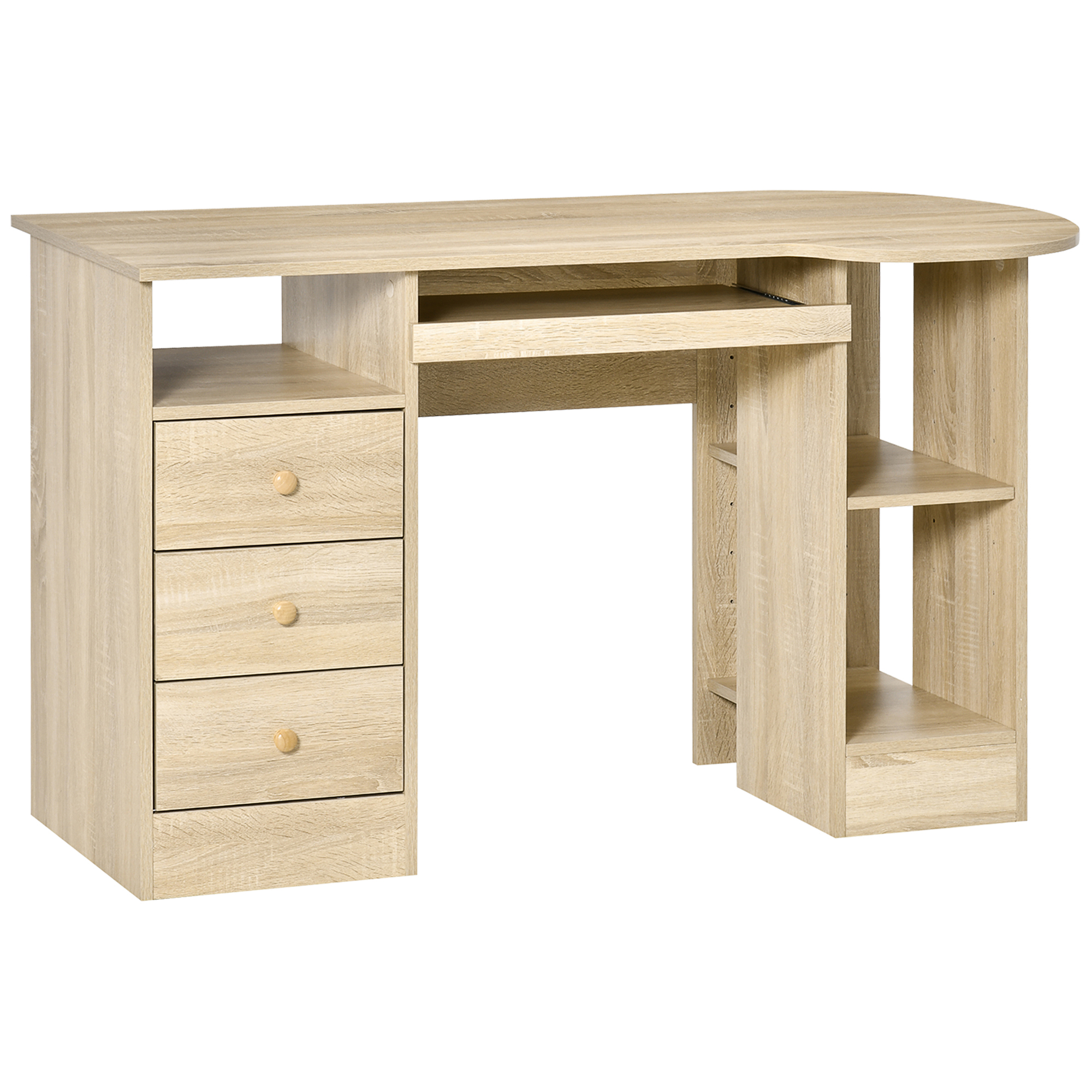 Scrivania in legno con cassetti e un vassoio per tastiera.