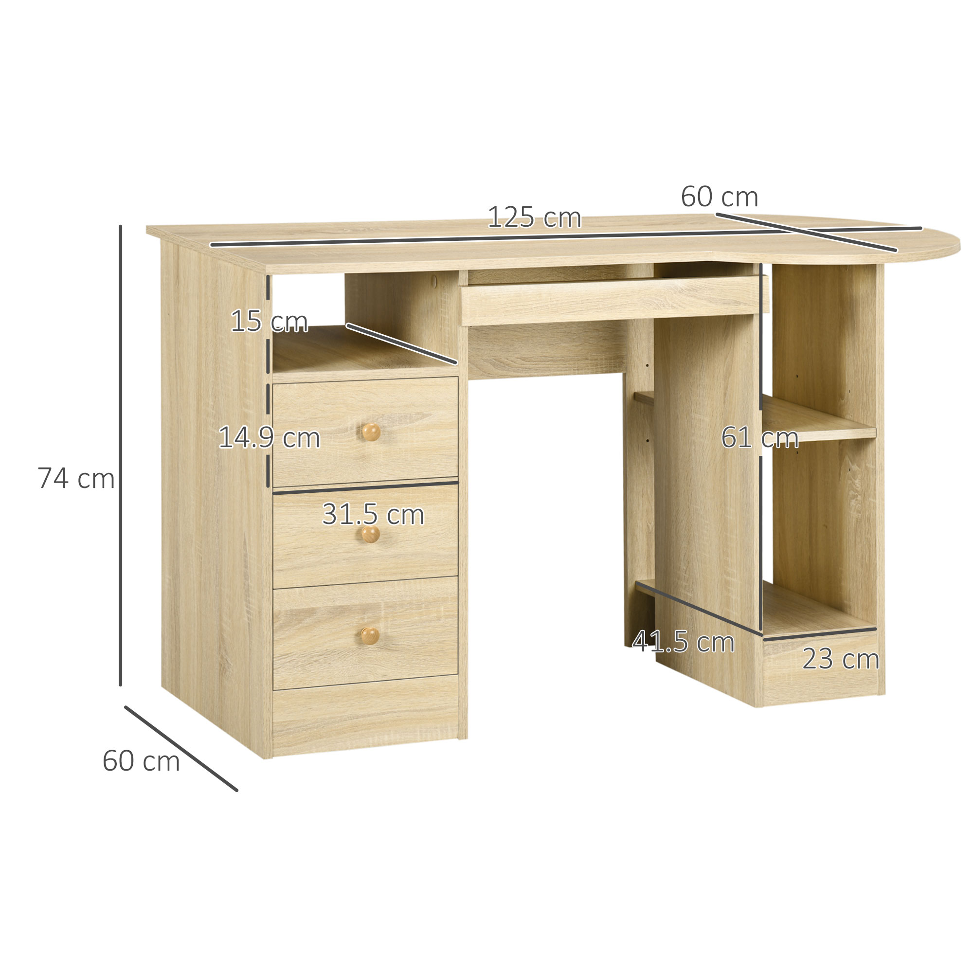 Scrivania in legno chiaro con tre cassetti, ripiani aperti e dimensioni.