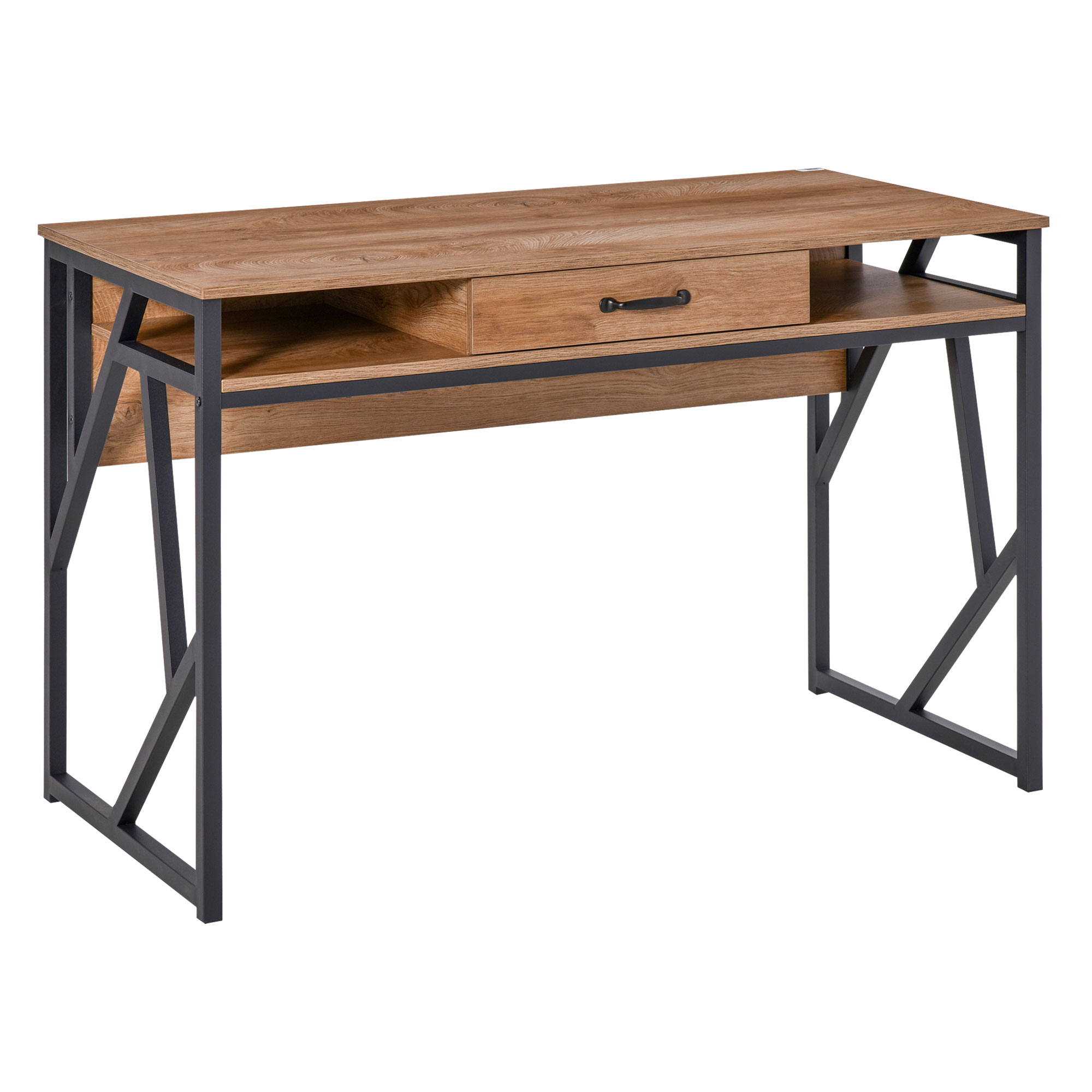 Scrivania in legno con cassetto e ripiano aperto. Gambe in metallo nero. Legno chiaro, metallo scuro.