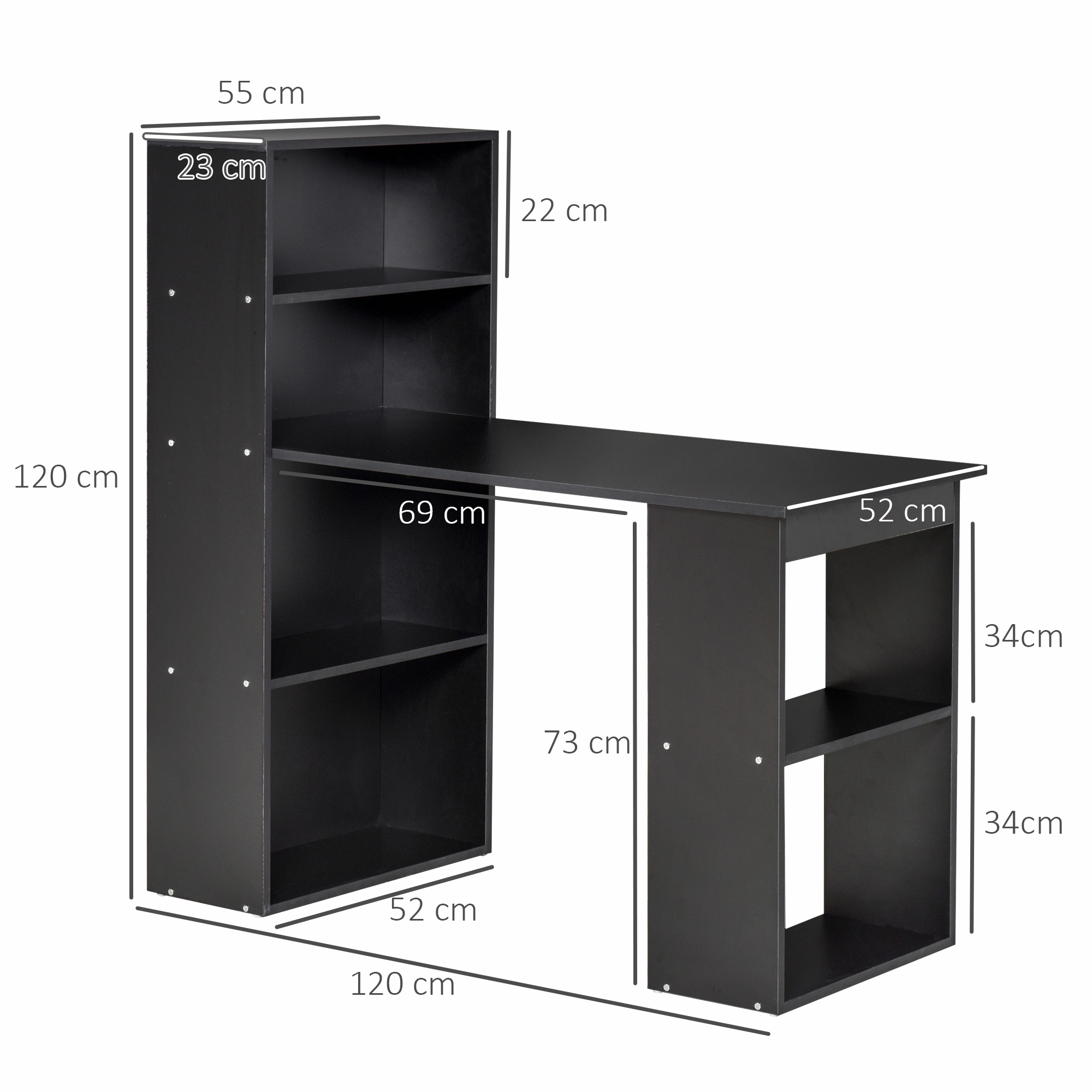 Scrivania nera con libreria. Dimensioni indicate. Schema di colori bianco e nero.