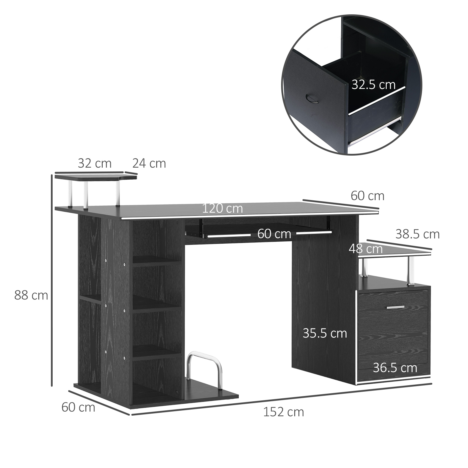 Scrivania in legno scuro con cassetti, ripiani e dimensioni. Ha un ripiano per tastiera e un supporto per computer.