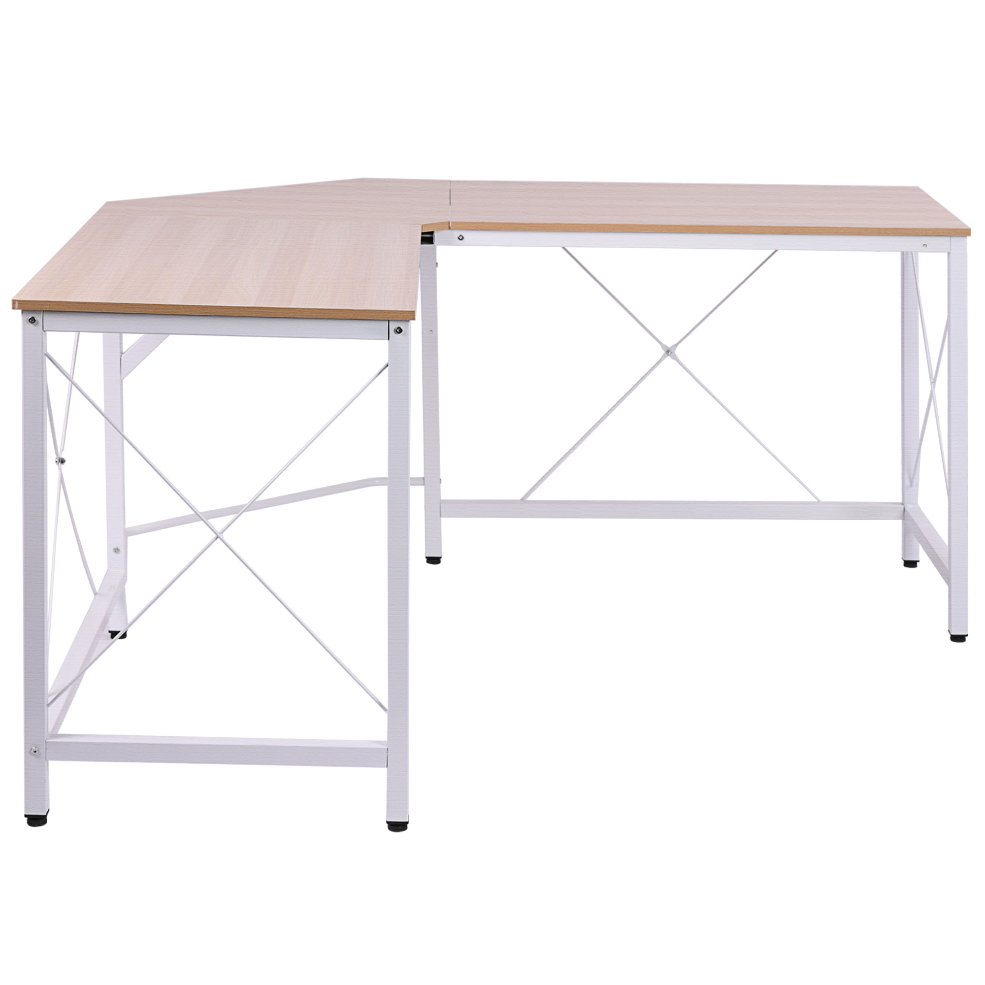 L-förmiger Schreibtisch mit hellem Holzaufsatz und weißem Metallrahmen. Der Schreibtisch ist leer und vor weißem Hintergrund.