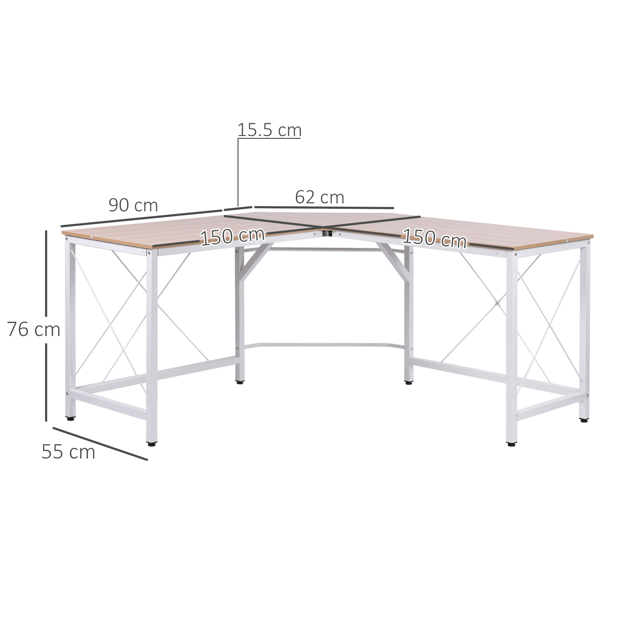 L-förmiger Schreibtisch mit Holzplatte und weißen Metallbeinen. Abmessungen sind beschriftet.