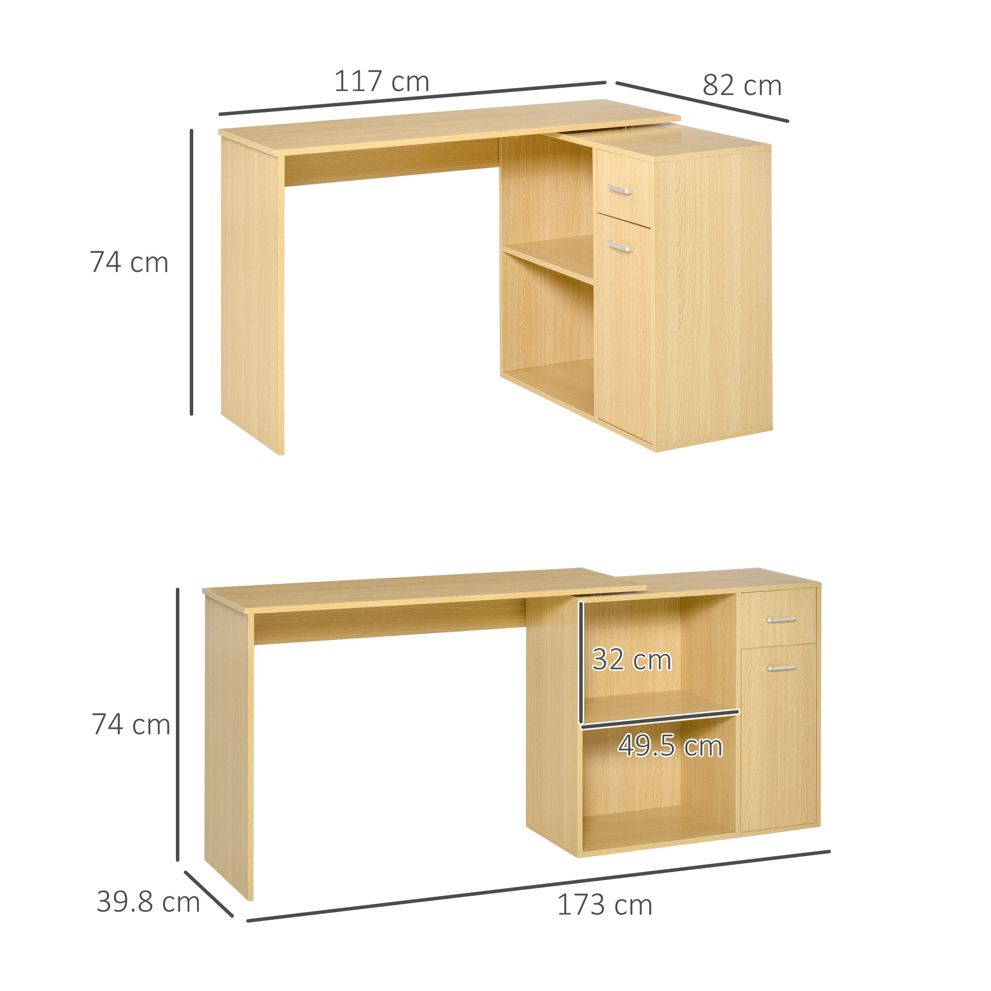 Scrivania in legno chiaro con ripiani e cassetti. Dimensioni fornite.