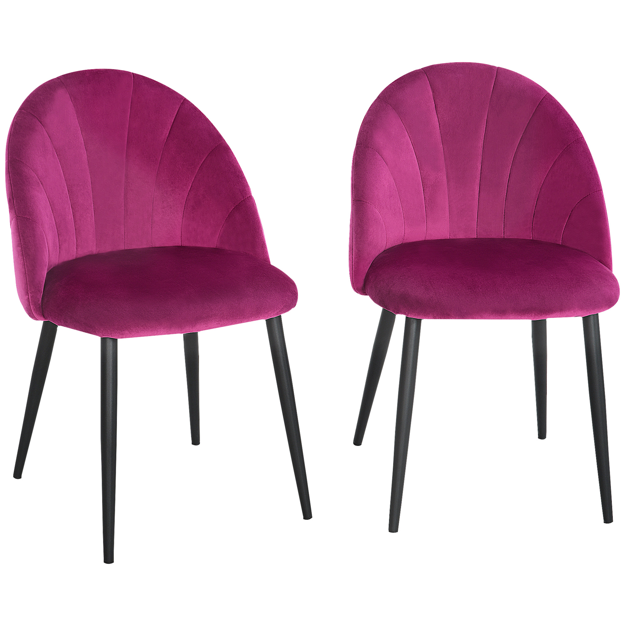 Due sedie in velluto magenta con gambe nere e schienale arrotondato.