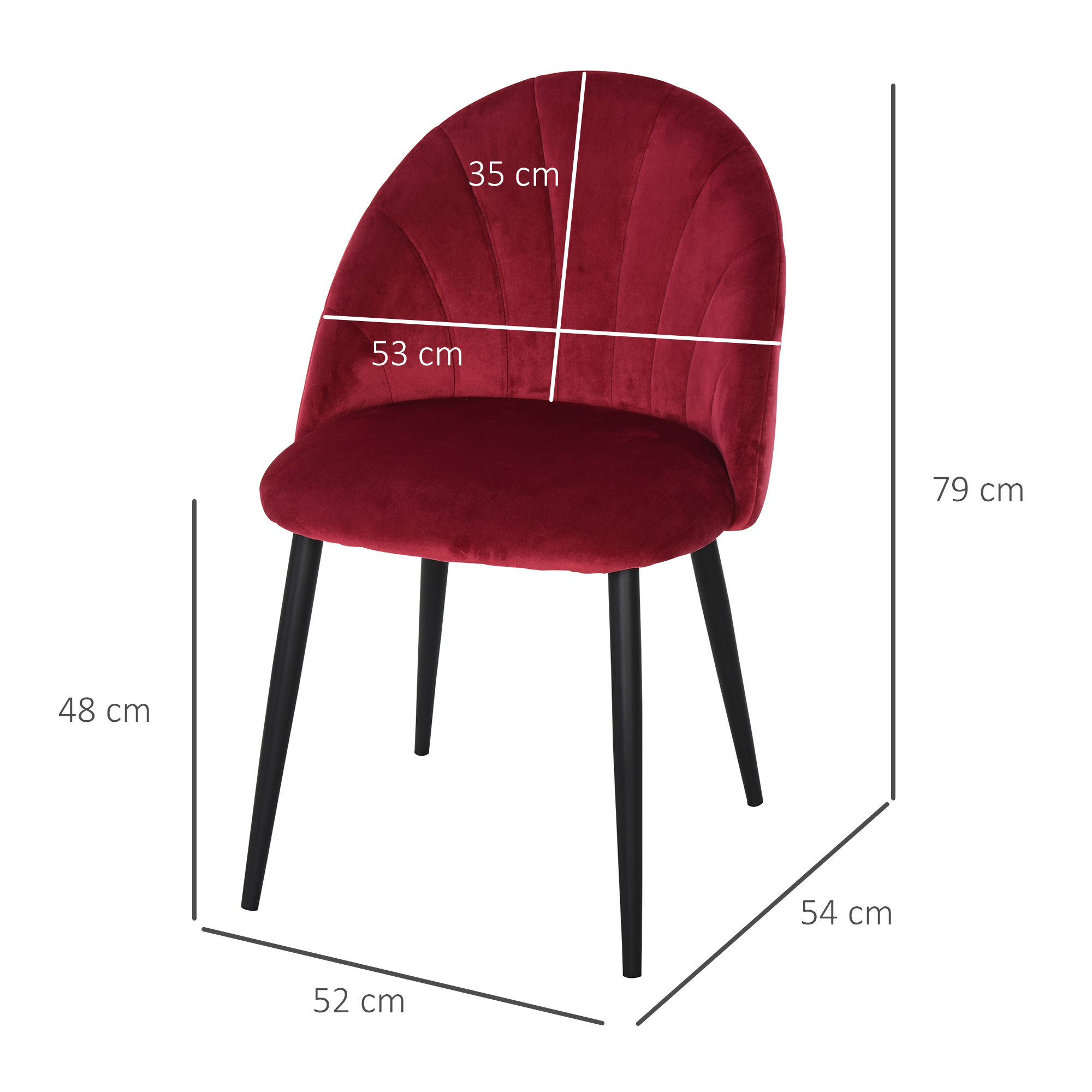 Sedia bordeaux con dimensioni etichettate. La sedia è su sfondo bianco. Sono indicate le misure.