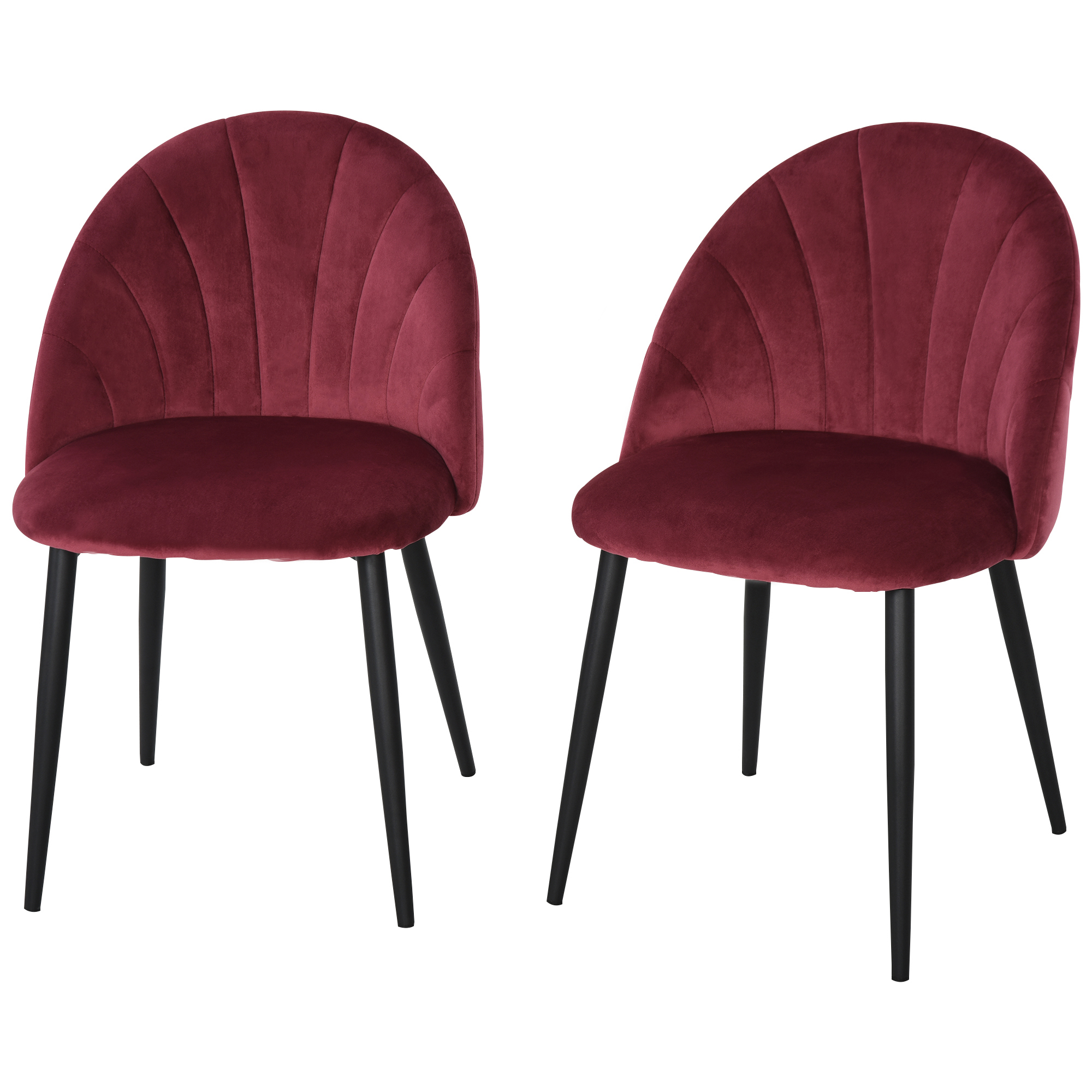 Due sedie in velluto bordeaux con gambe nere. Le sedie hanno uno schienale curvo.