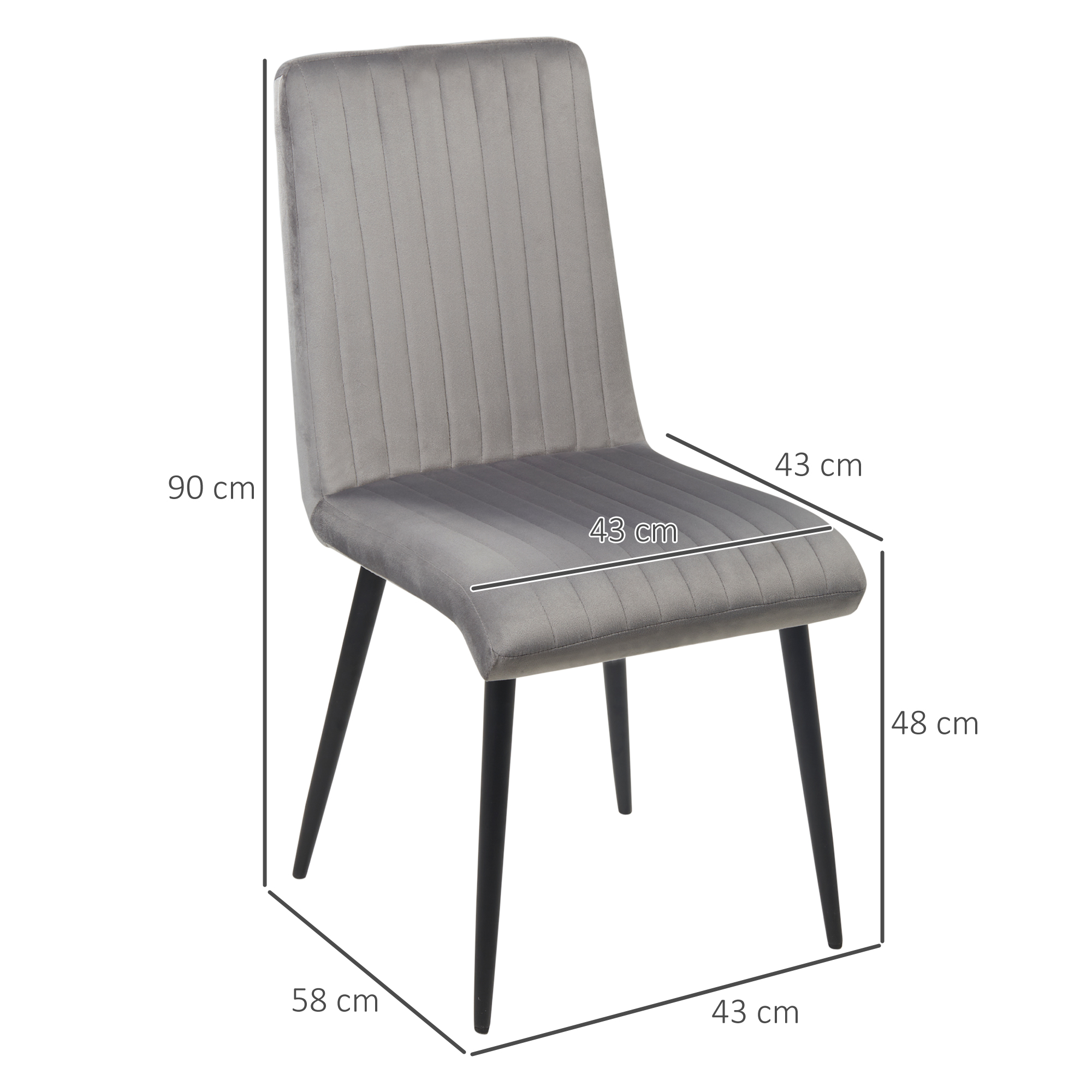 Sedia in velluto grigio con gambe nere. Dimensioni indicate. Design moderno.