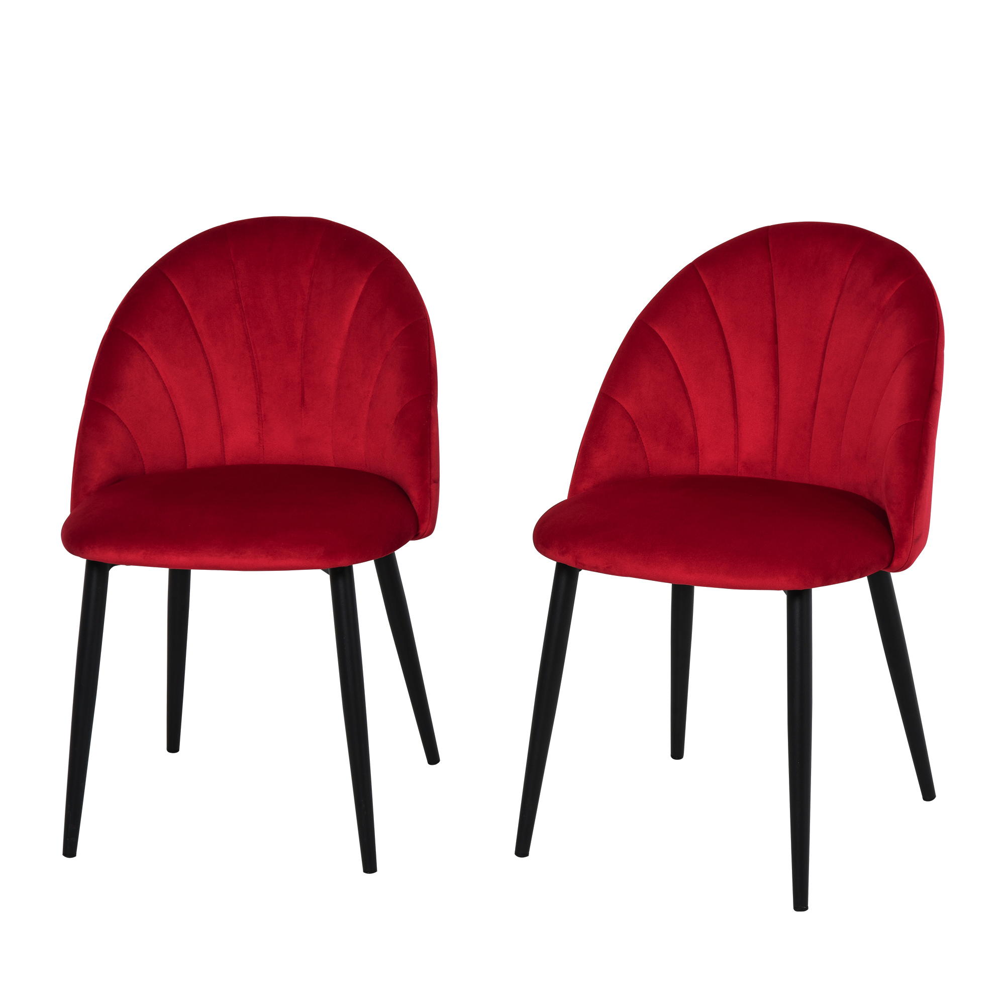 Due sedie in velluto rosso, gambe nere. Le sedie sono affiancate.