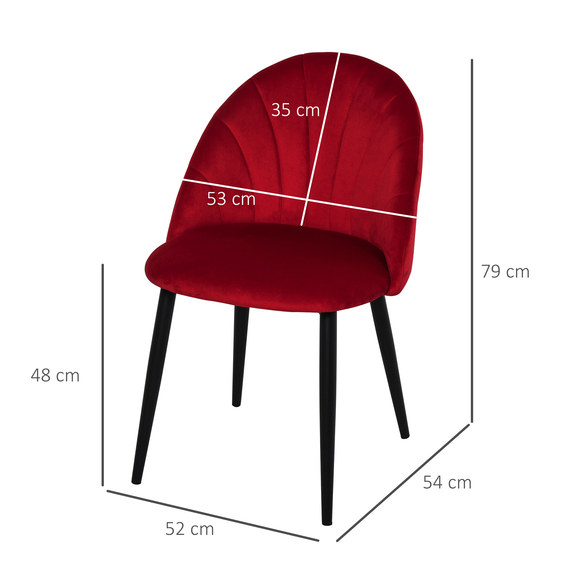Sedia in velluto rosso con gambe nere e dimensioni in centimetri. Isolato su sfondo bianco.